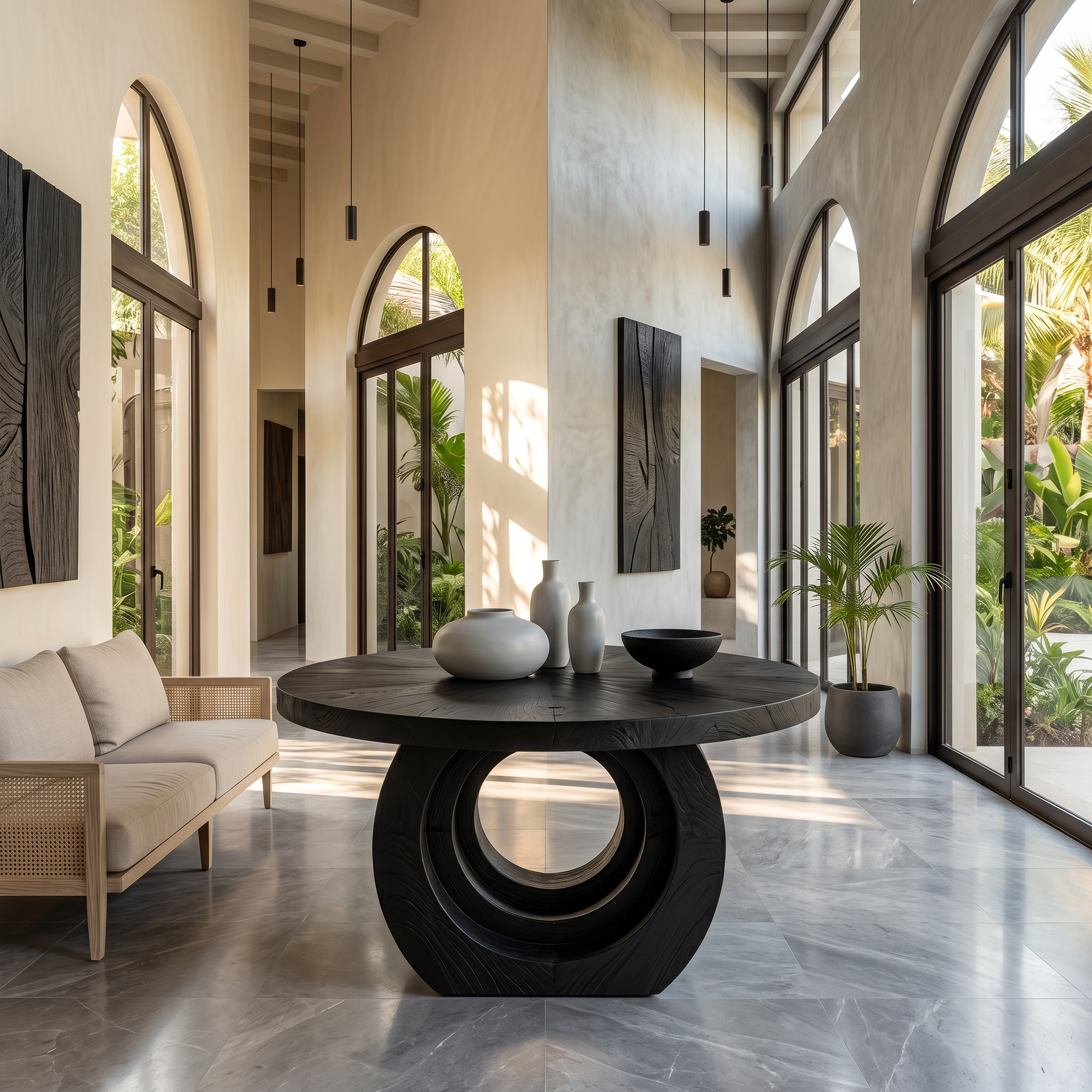 Contemporary Round Foyer Table With Sculptural Open Ring Base For Entryway And Hallway