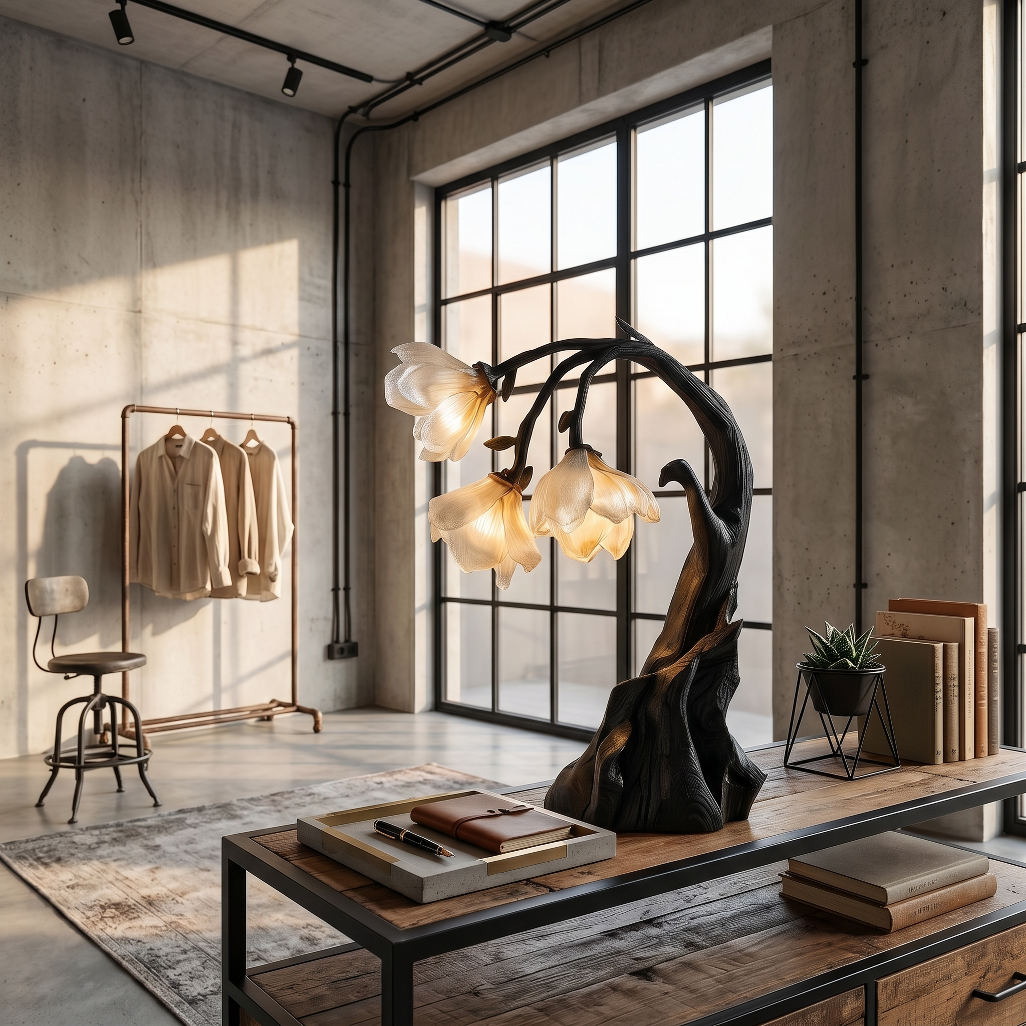 Contemporary Floral Table Lamp With Sculptural Solid Wood Base For Bedroom And Living Room