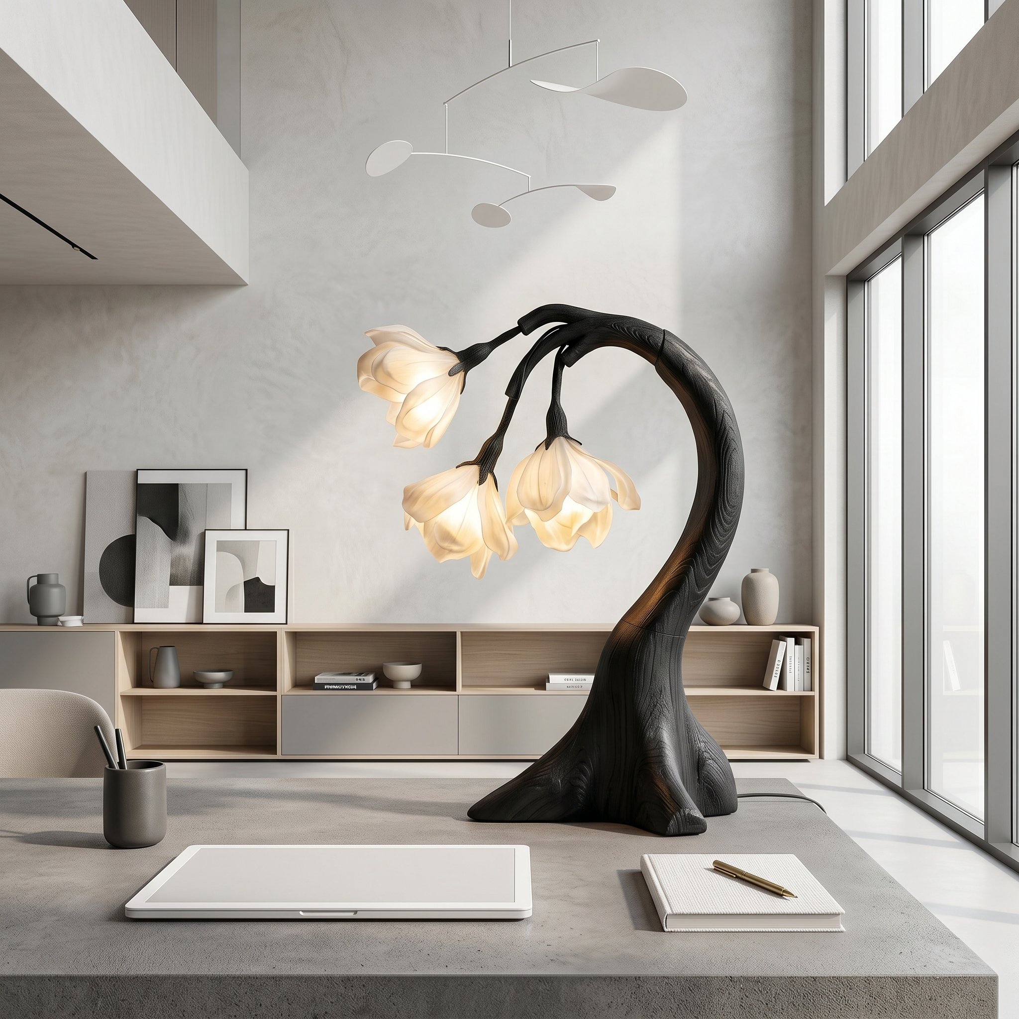 Modern Floral Table Lamp With Sculptural Curved Wood Base For Bedroom And Living Room