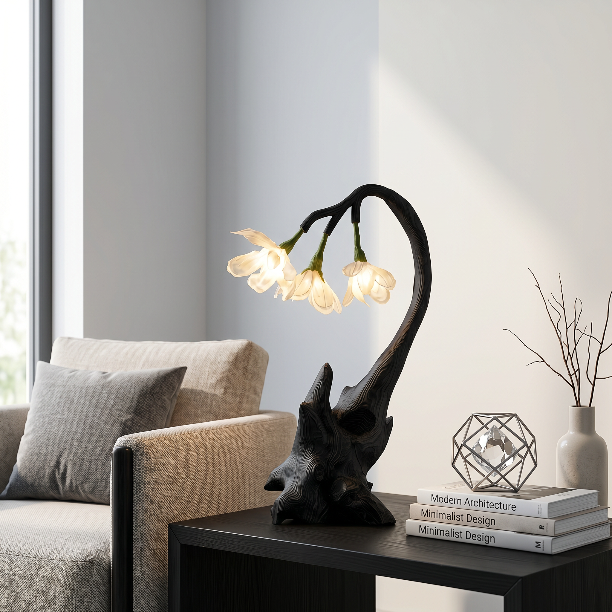 Contemporary Floral Table Lamp With Sculptural Wood Base For Bedroom And Living Room