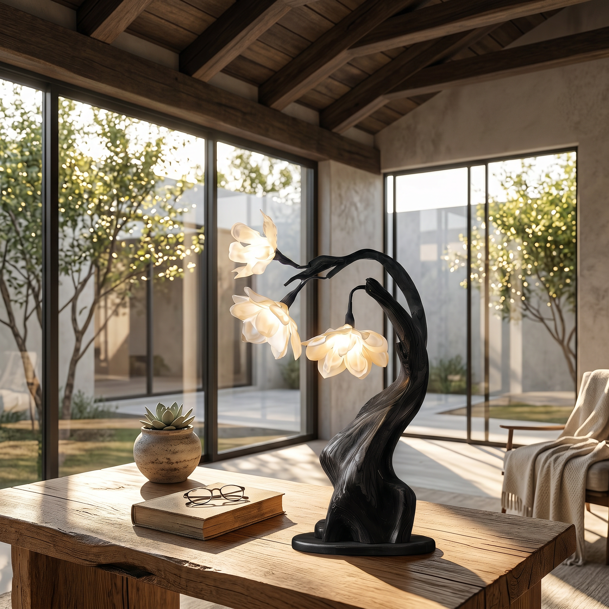 Contemporary Floral Table Lamp With Twisted Solid Wood Base For Bedroom And Living Room