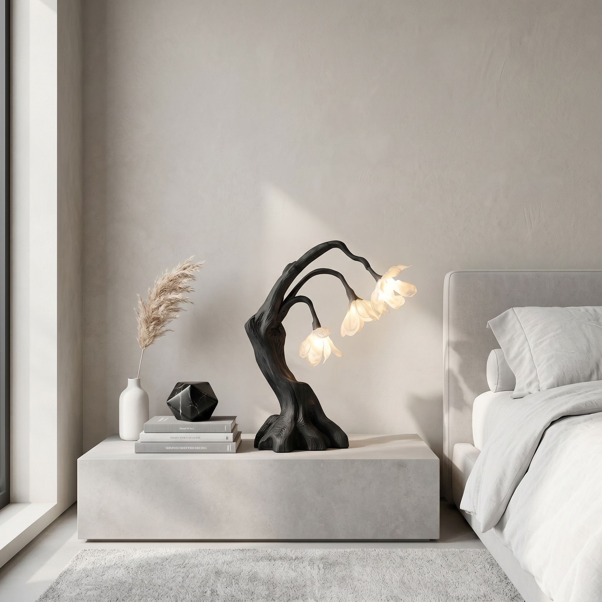 Modern Floral Table Lamp With Sculptural Driftwood Base For Bedroom And Living Room