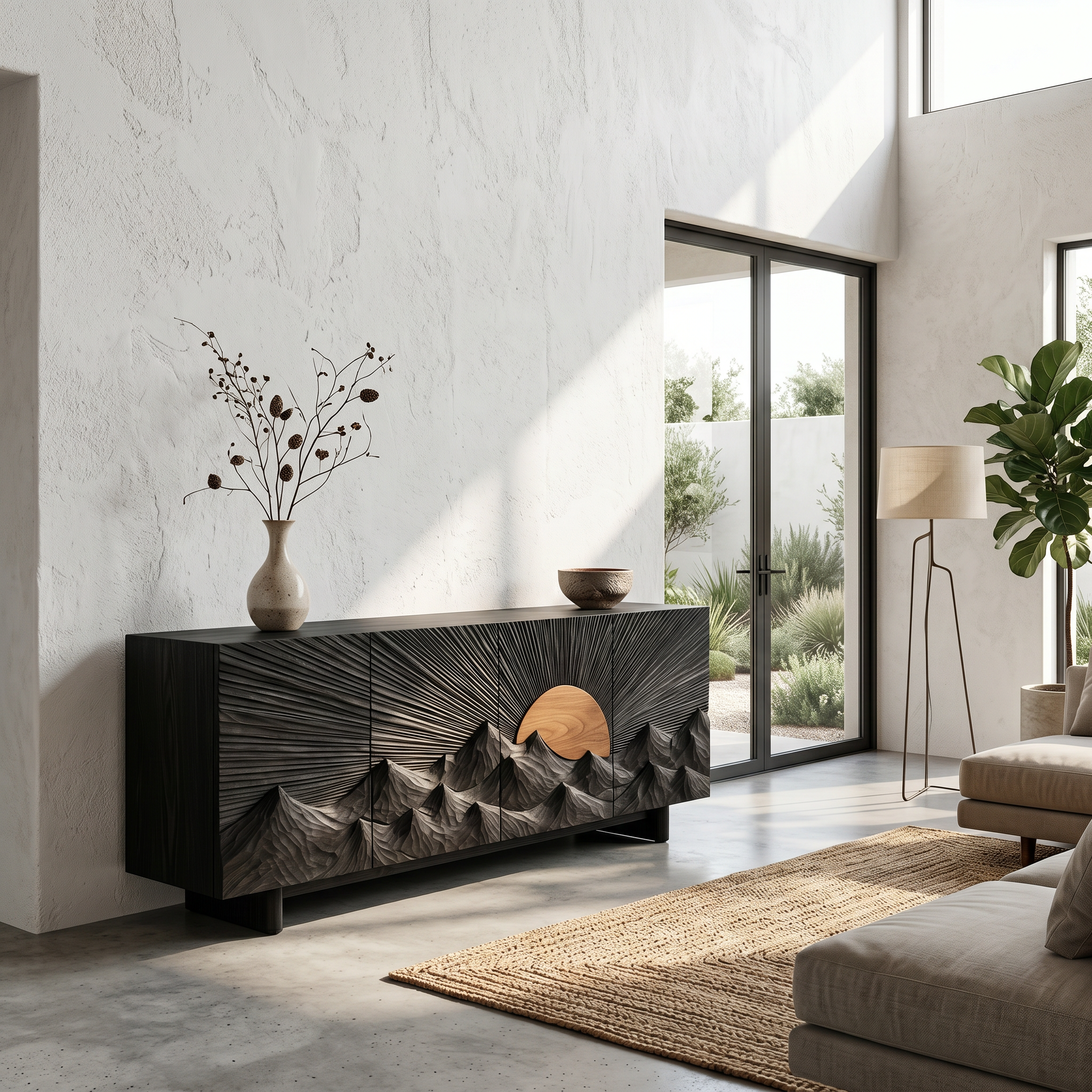 Contemporary Landscape Sideboard With Sculptural Carved Wood Doors For Living Room