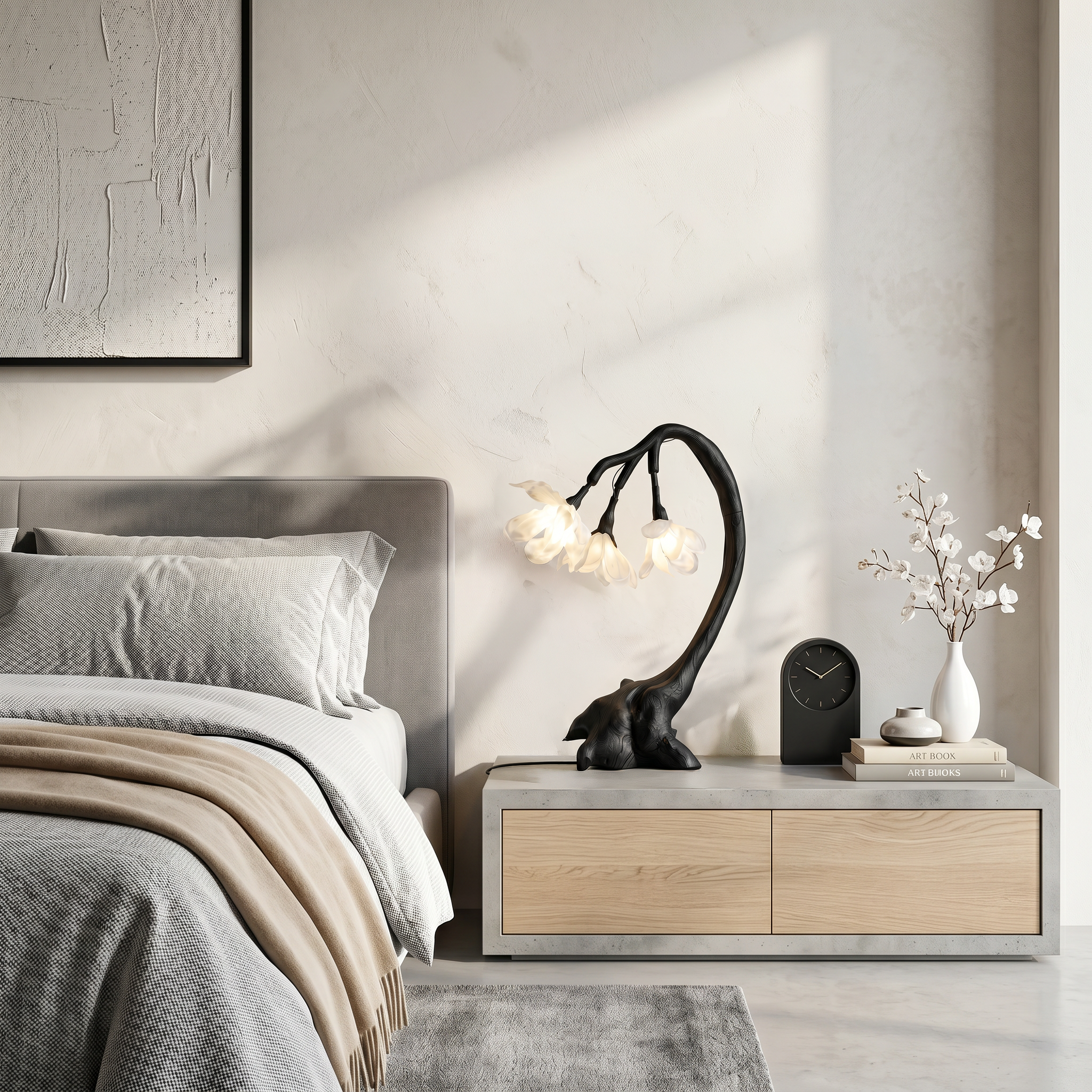 Organic Flower Table Lamp With Sculptural Wood Base For Bedroom And Living Room