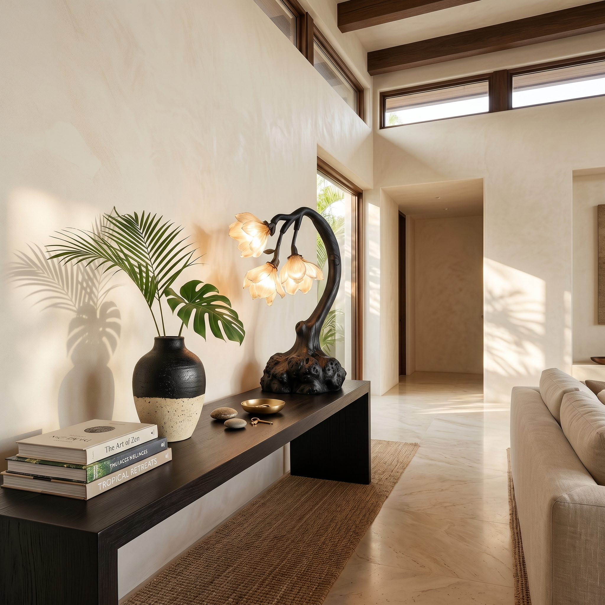 Minimalist Floral Table Lamp With Organic Wood Base For Bedroom And Living Room