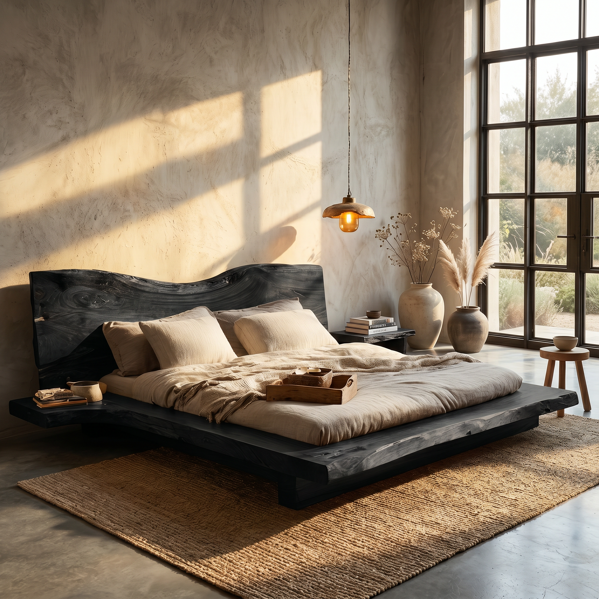 Contemporary Platform Bed Frame With Solid Wood Headboard For Bedroom