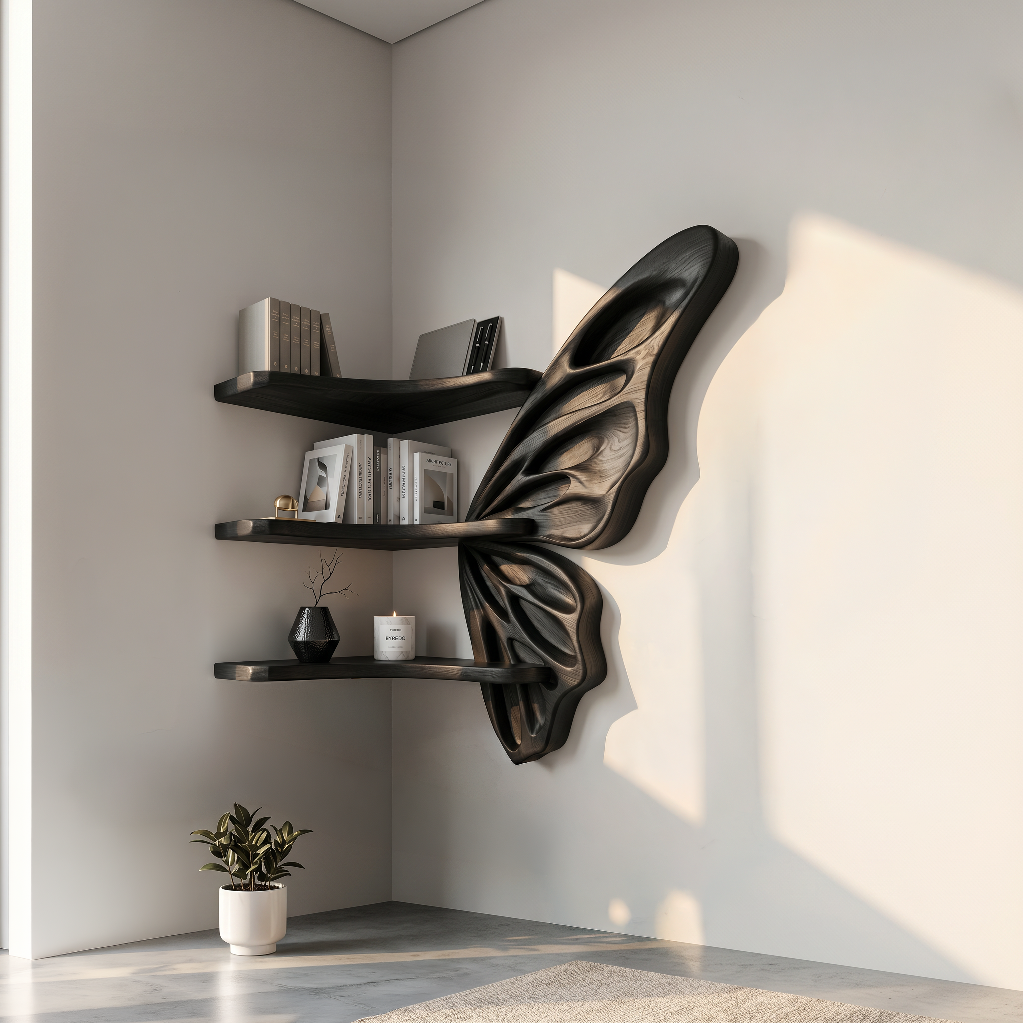 Organic Butterfly Wall Shelf With Floating Display Shelves For Living Room