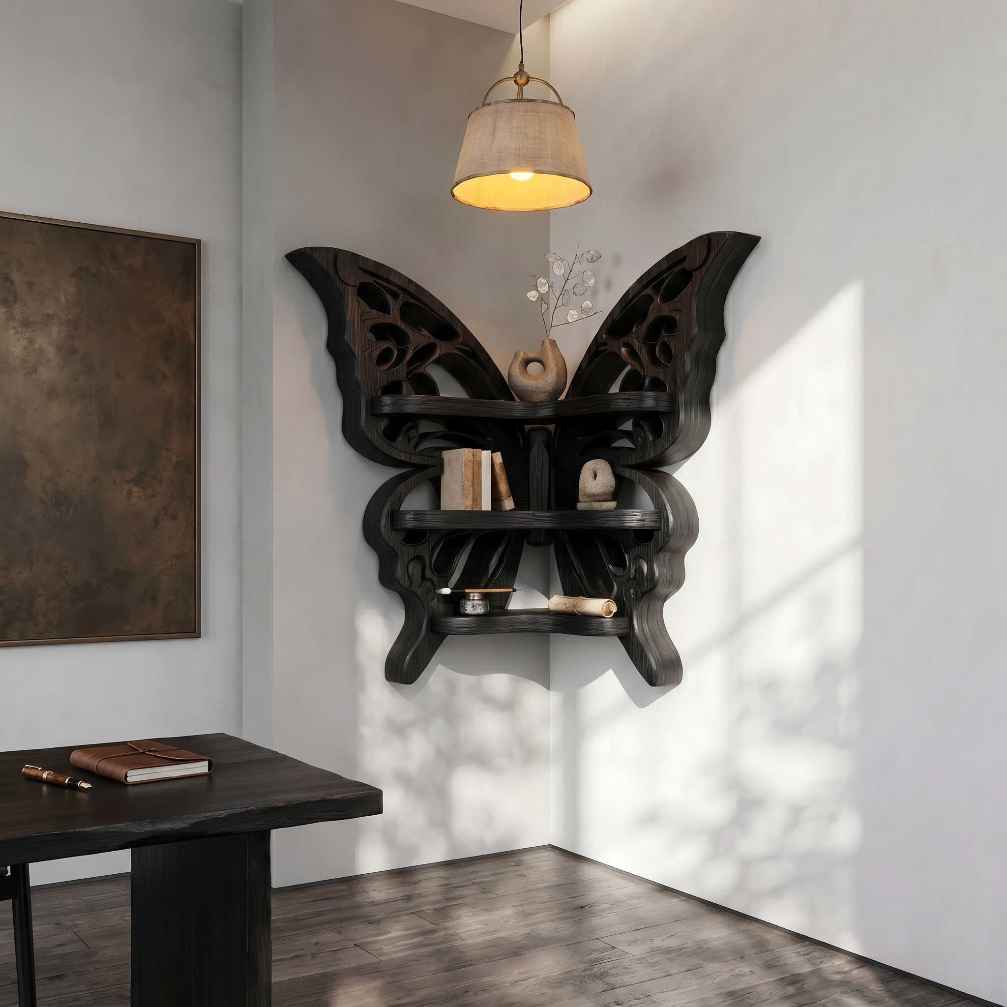 Sculptural Butterfly Floating Shelf With Handcrafted Solid Wood Design For Living Room