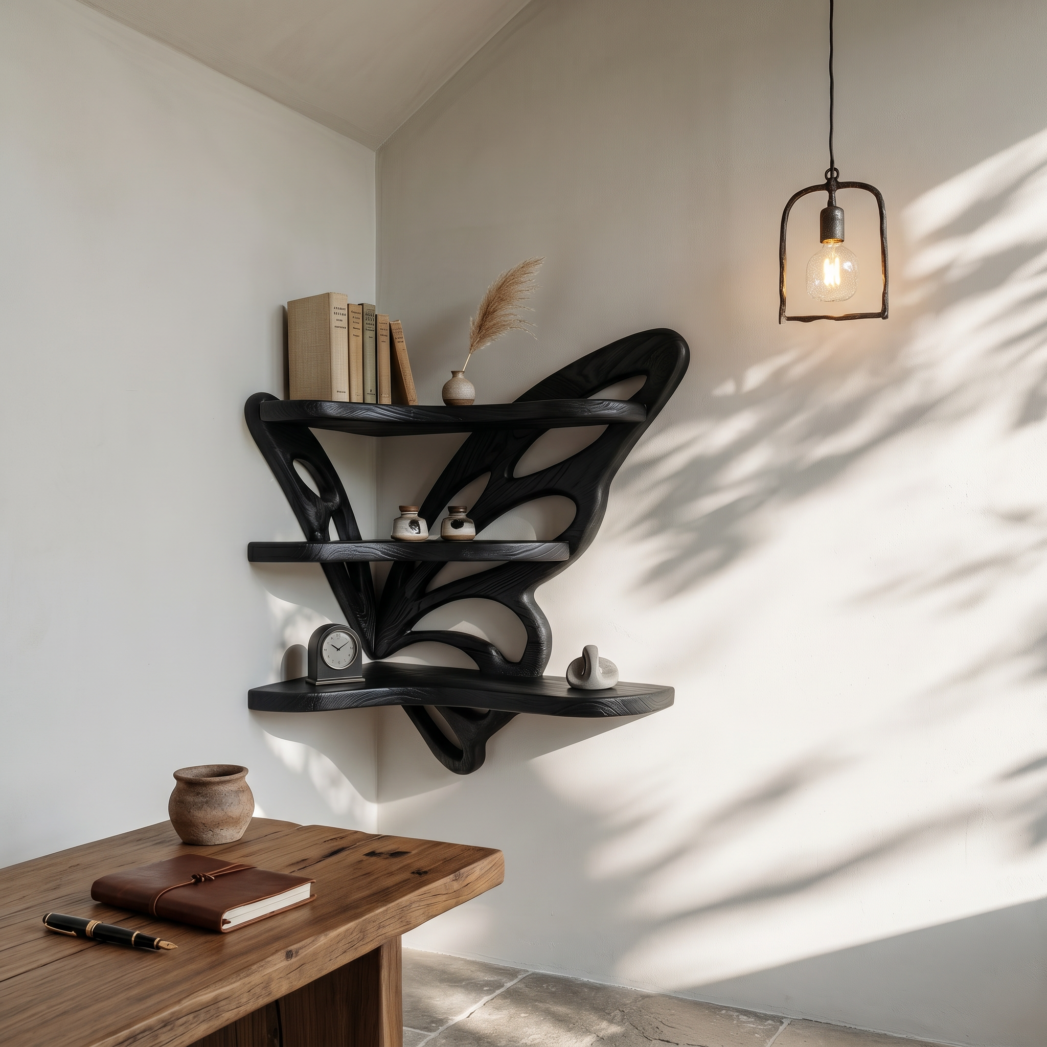 Rustic Butterfly Floating Shelf With Natural Live Edge Wood Design For Living Room