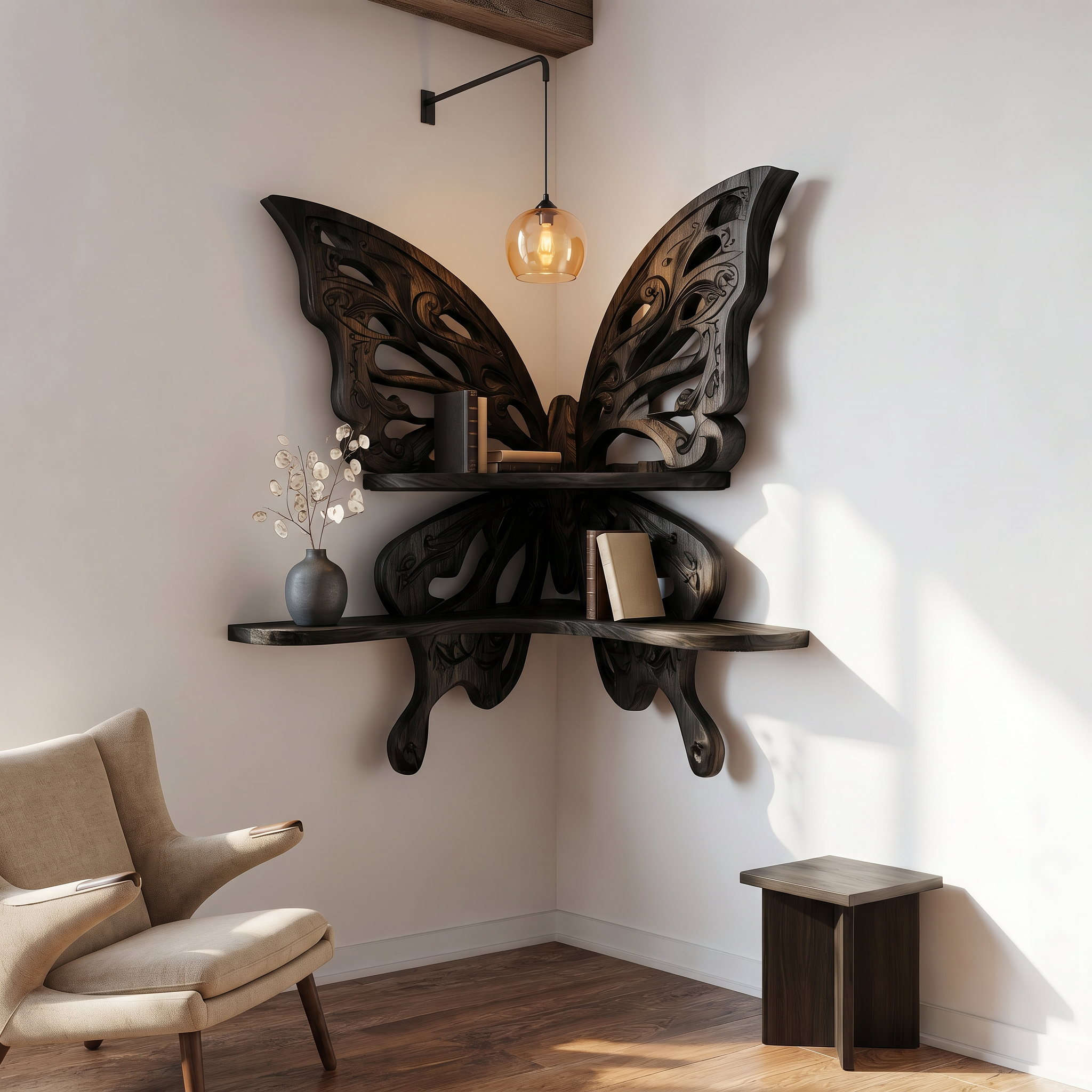 Butterfly Inspired Floating Shelf With Sculptural Live Edge Wood Design For Living Room