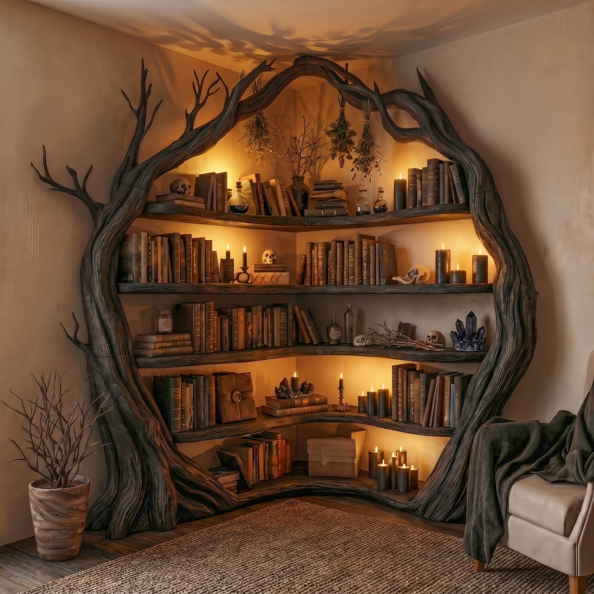 Statement Tree Corner Bookshelf For Living Room And Reading Nook