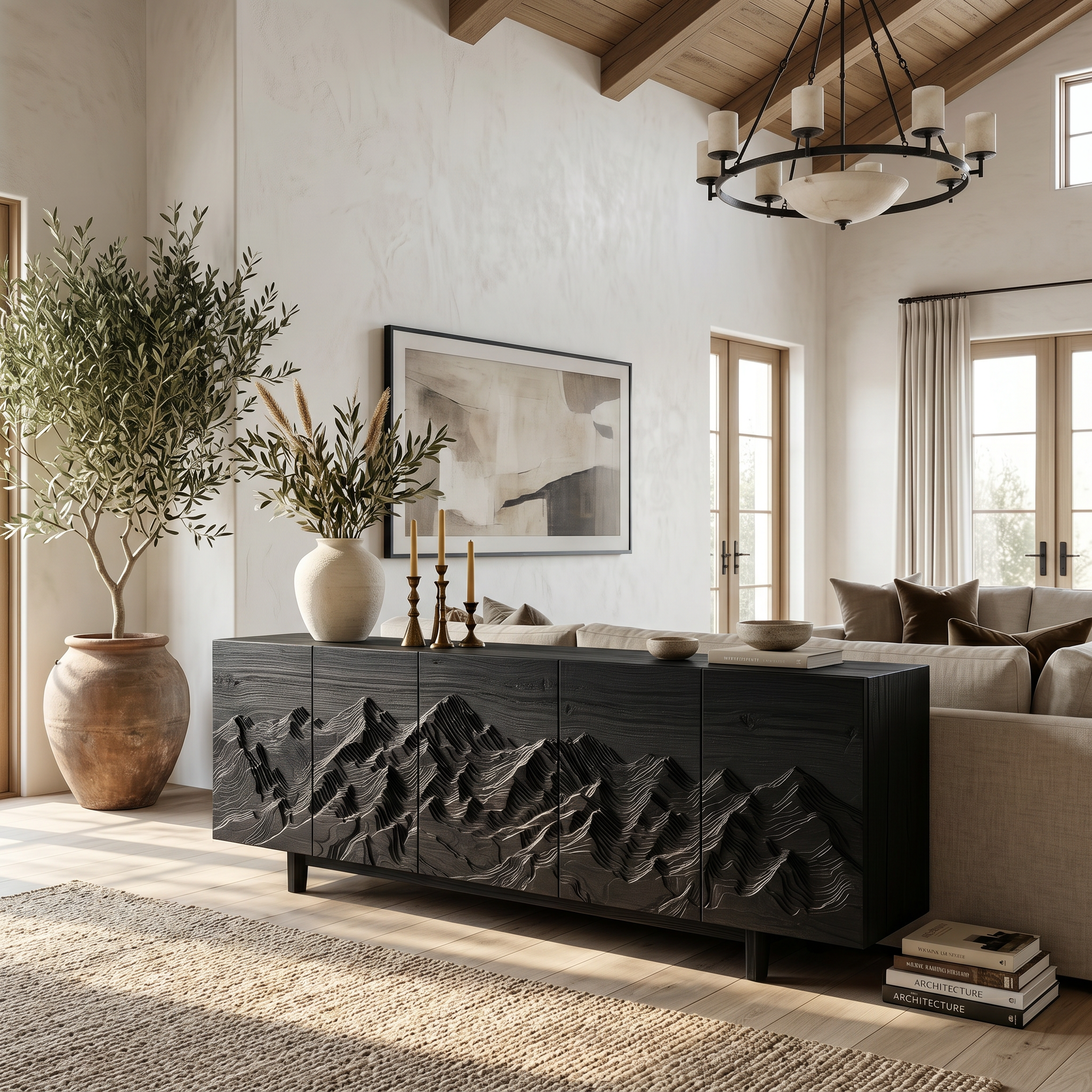 Rustic Mountain Sunrise Sideboard With Hand Carved Wood Doors For Living Room And Entryway