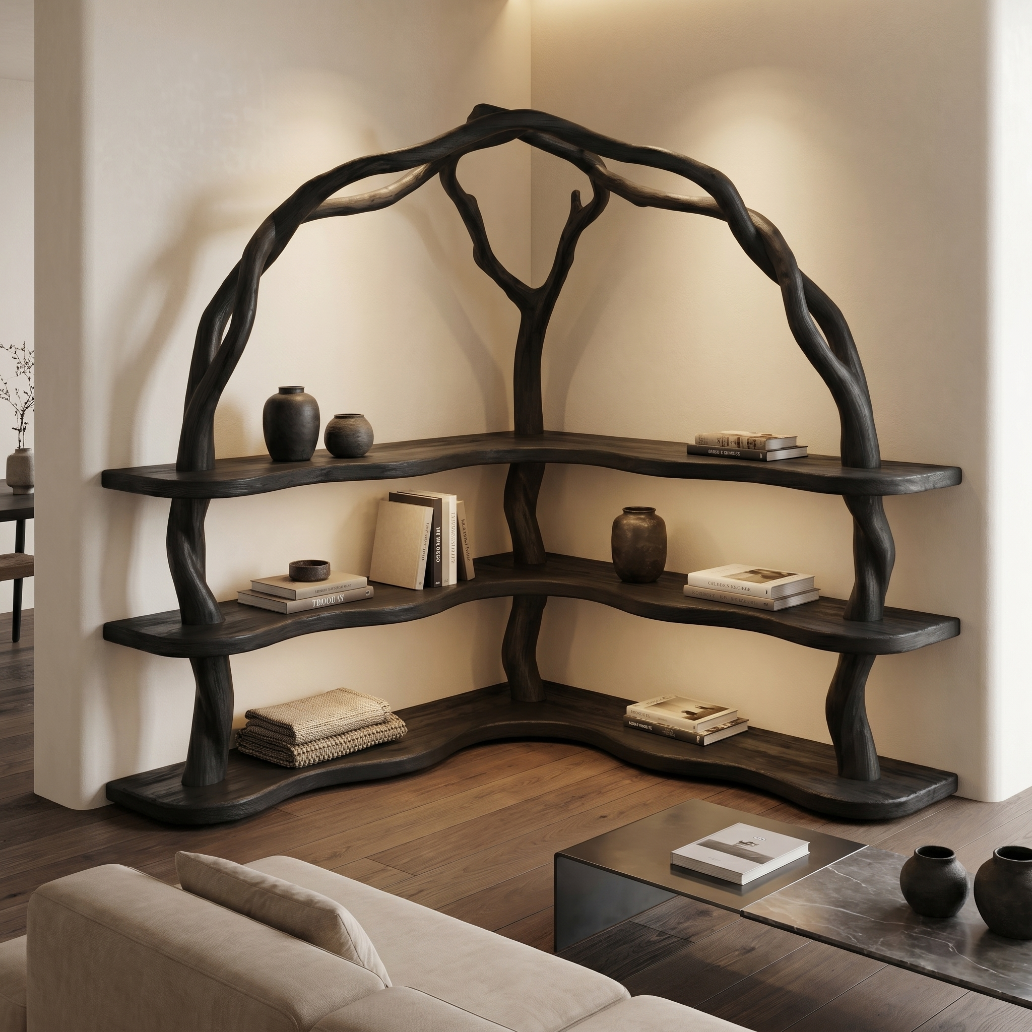 Organic Corner Bookcase With Natural Branch Frame Design For Living Room And Bedroom
