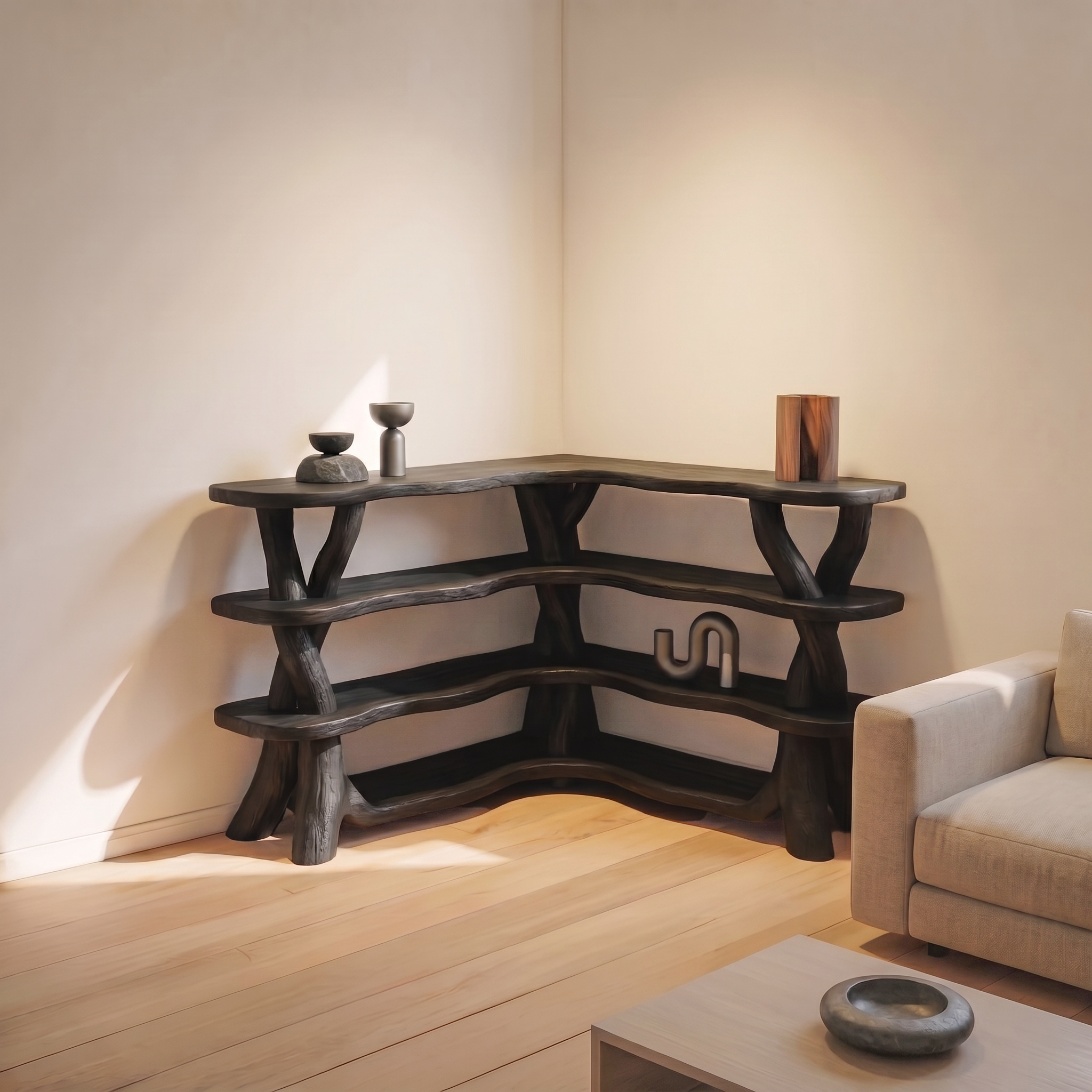Rustic Organic Corner Bookshelf With Sculptural Tree Branch Shelves For Living Room And Bedroom