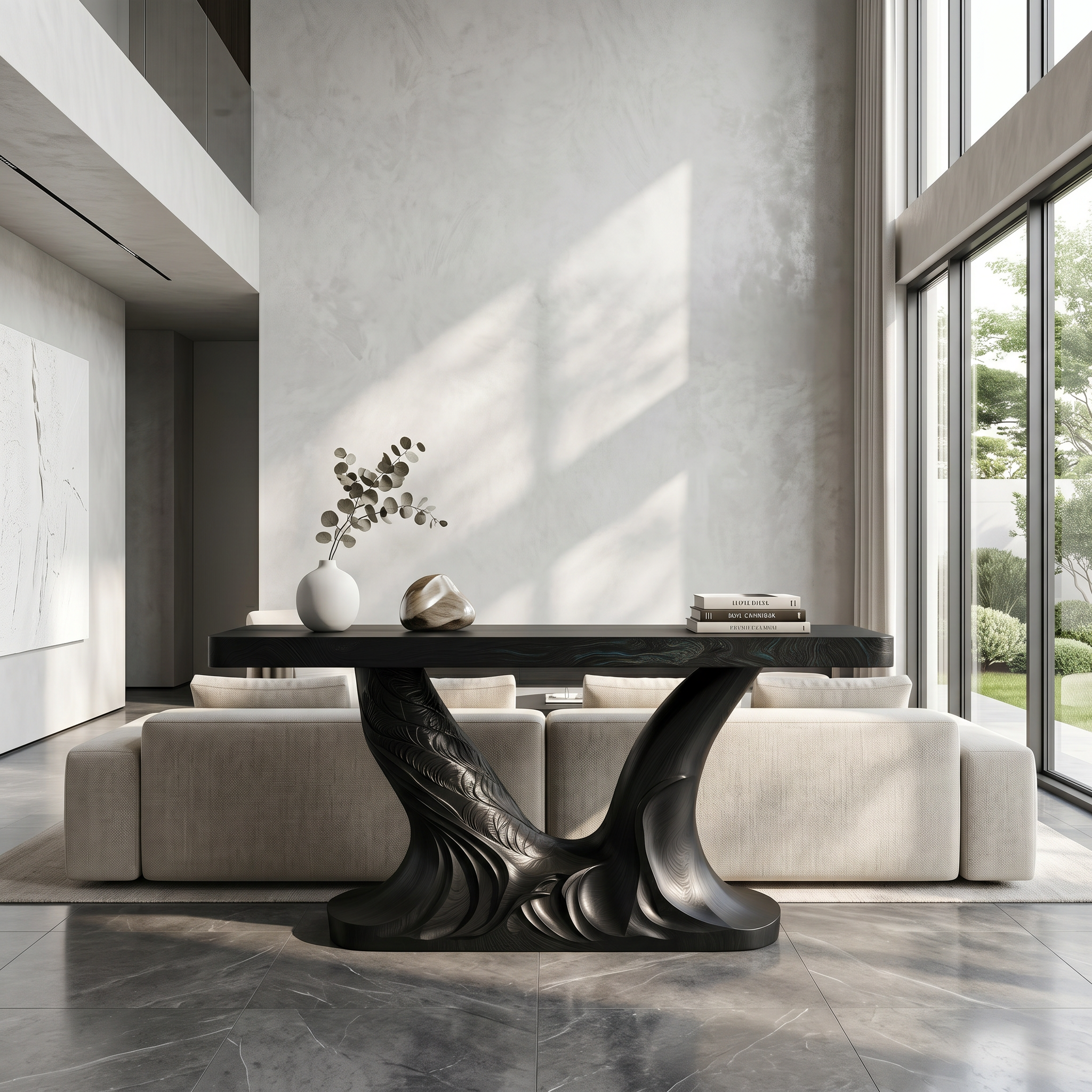 Organic Console Table With Sculptural Double Pedestal Base For Entryway