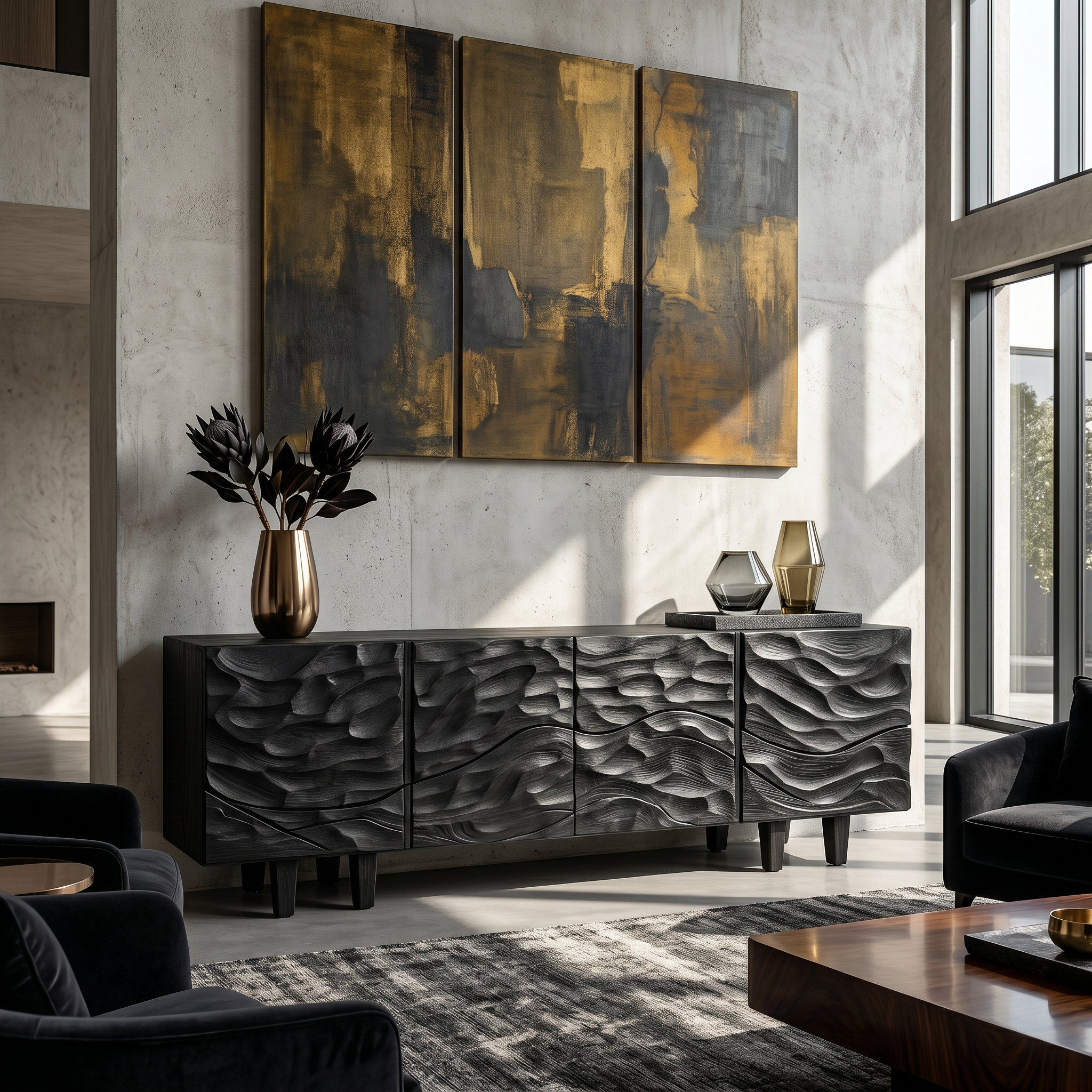 Sculptural Sideboard With Flowing Wood Grain Doors For Living Room