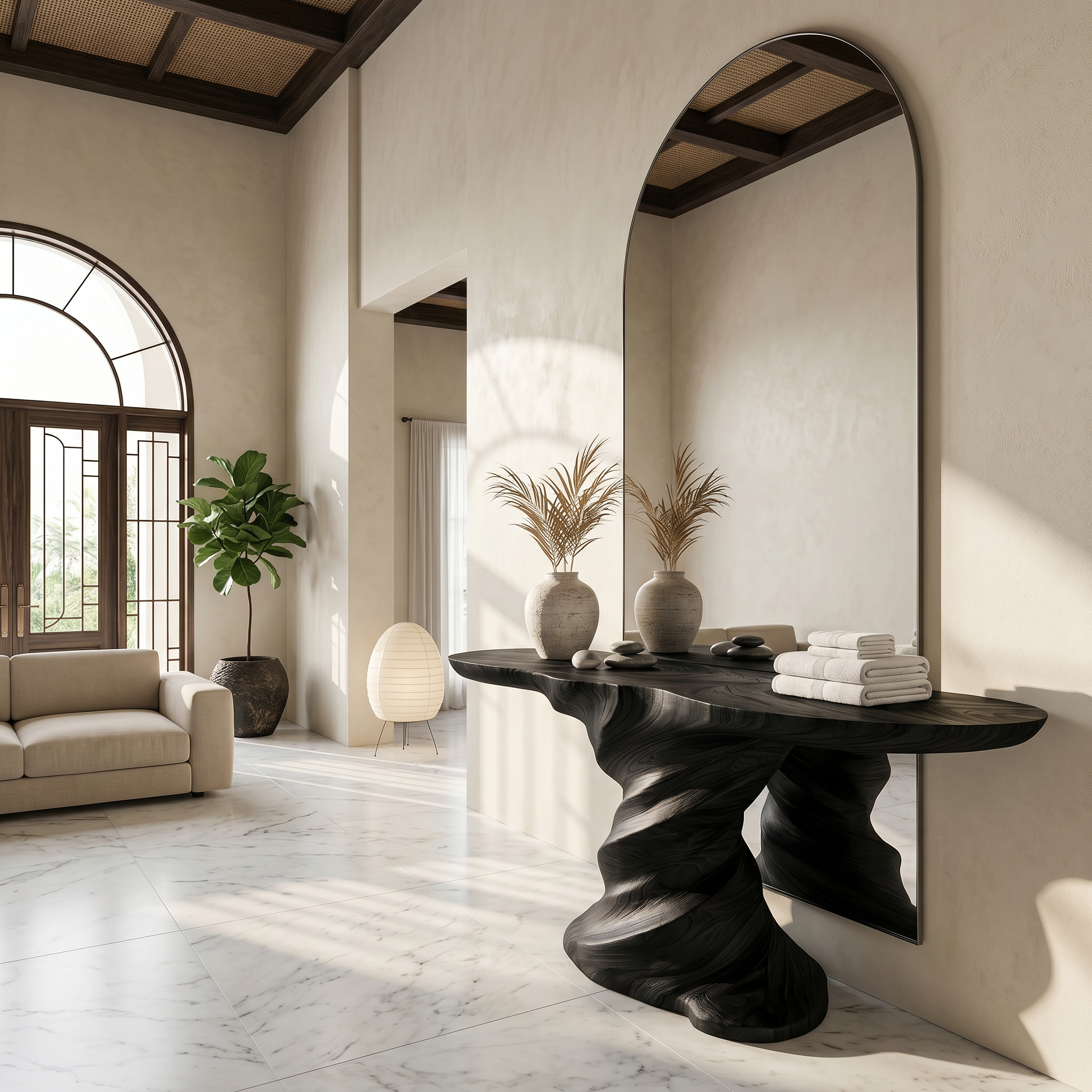 Organic Console Table With Sculptural Helix Base For Entryway