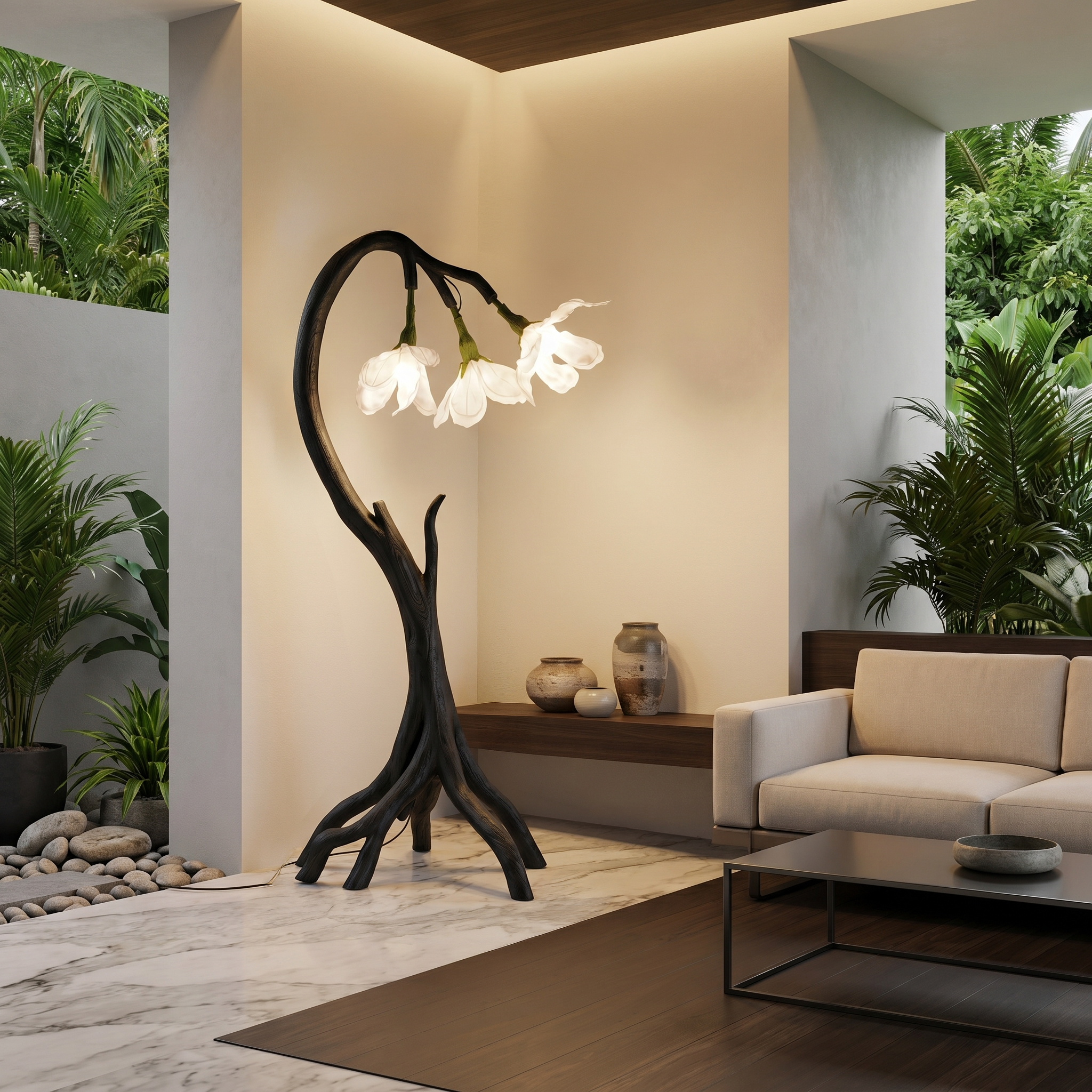 Botanical Flower Floor Lamp With Sculptural Wood Base For Living Room And Bedroom