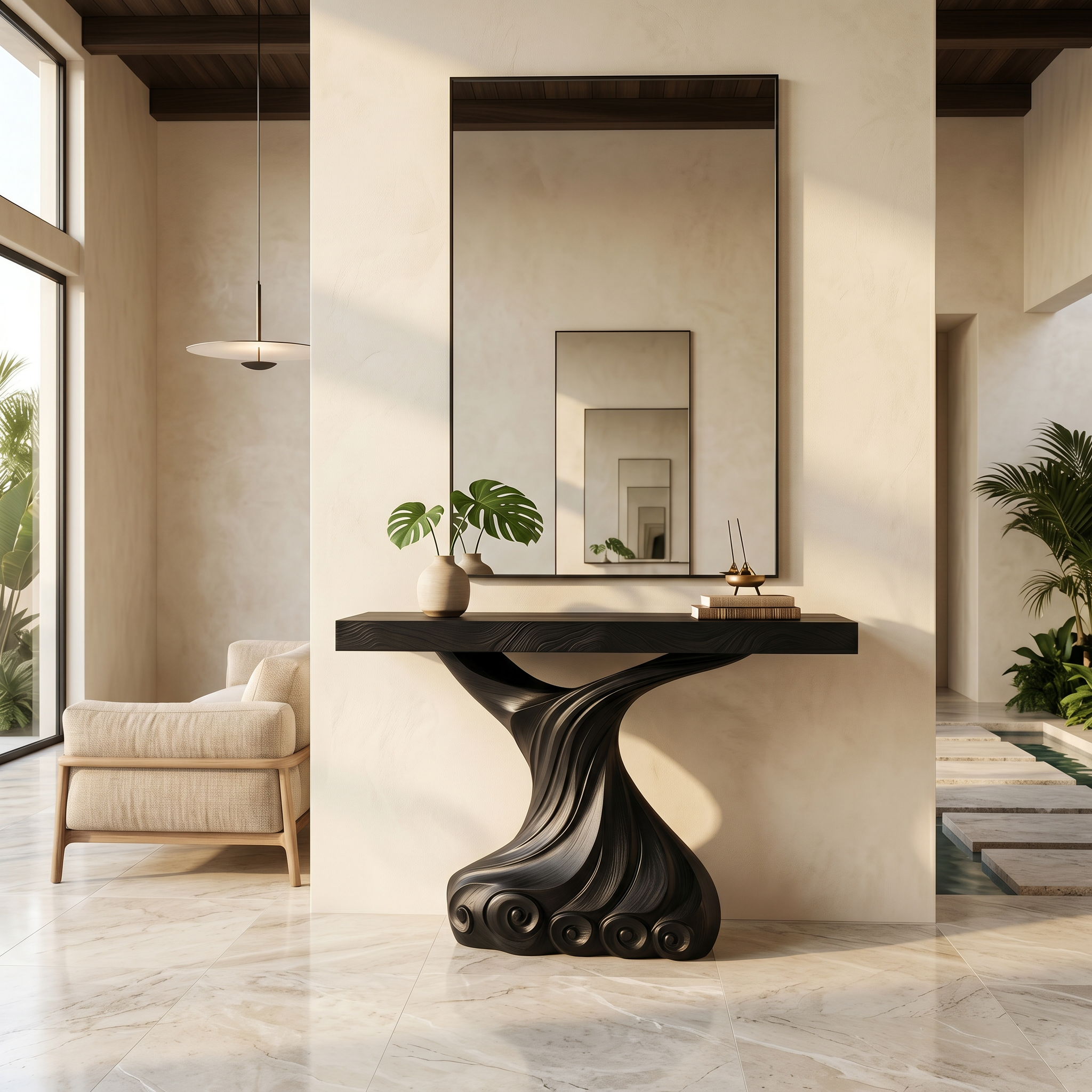 Contemporary Console Table With Carved Twist Form For Hallway
