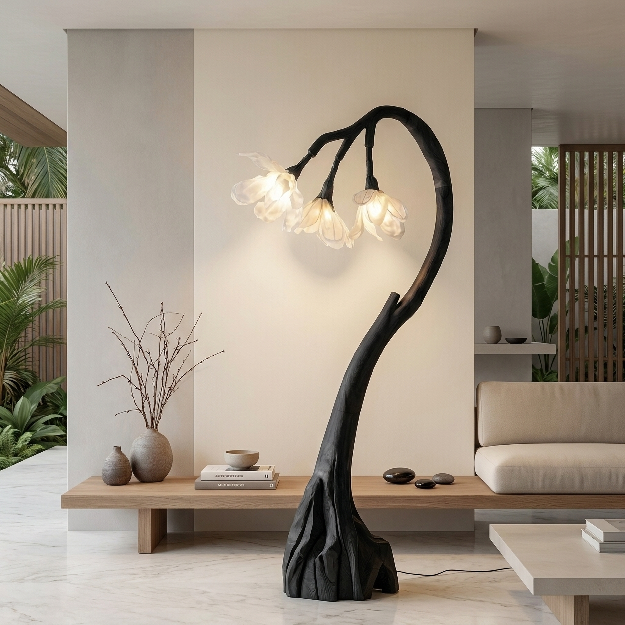 Floral Floor Lamp With Organic Wood Base For Living Room And Bedroom