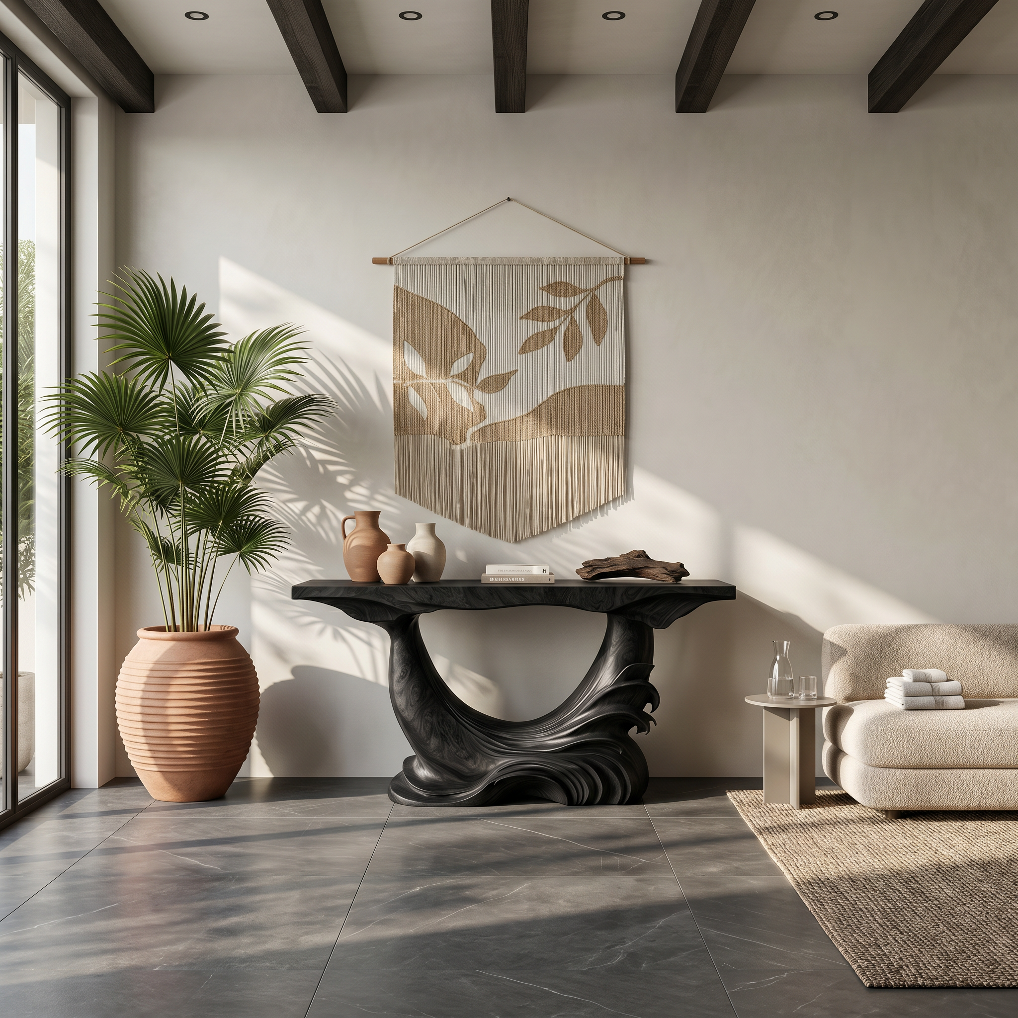Natural Console Table With Flowing Wood Sculpture For Hallway