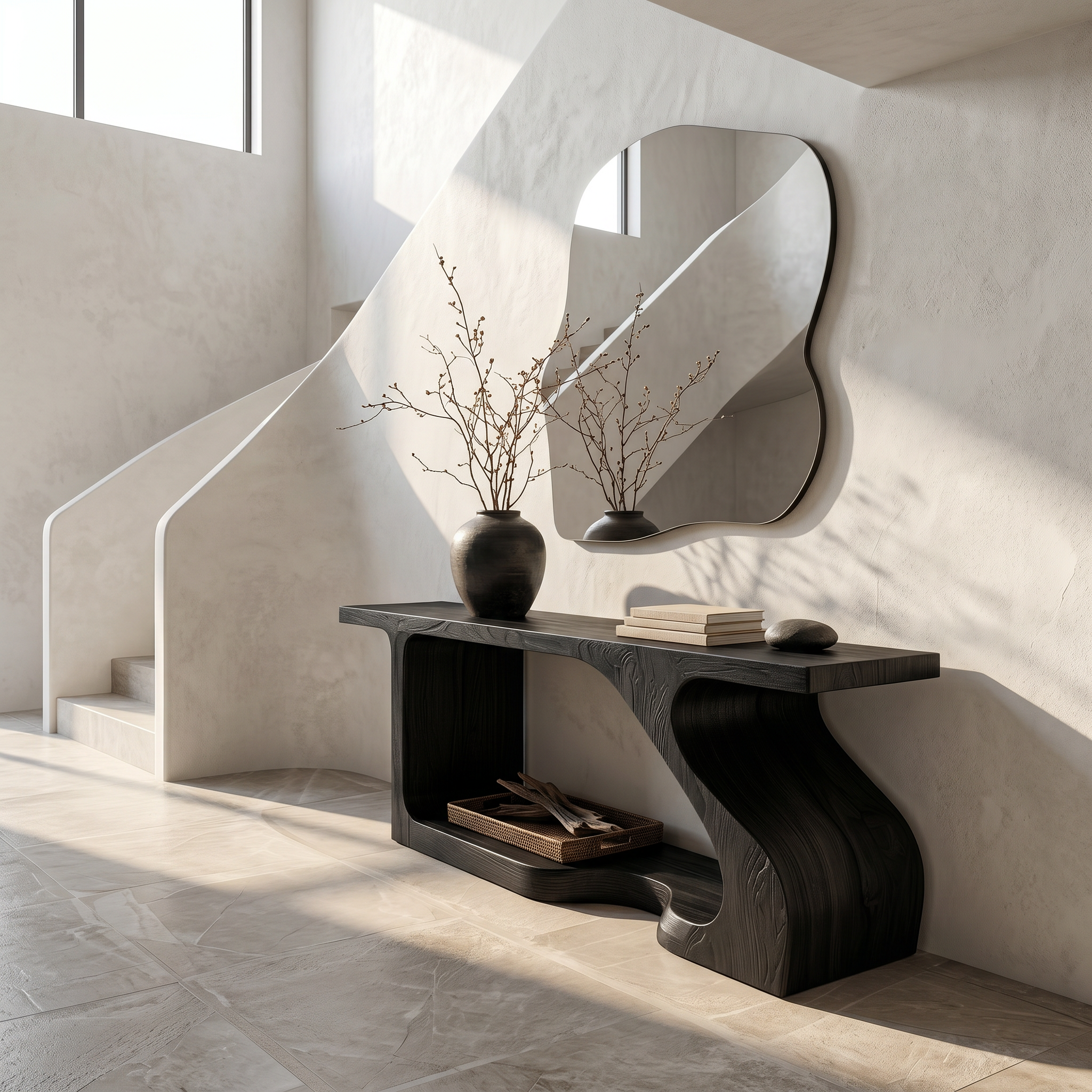 Modern Console Table With Sculptural Curved Form For Entryway
