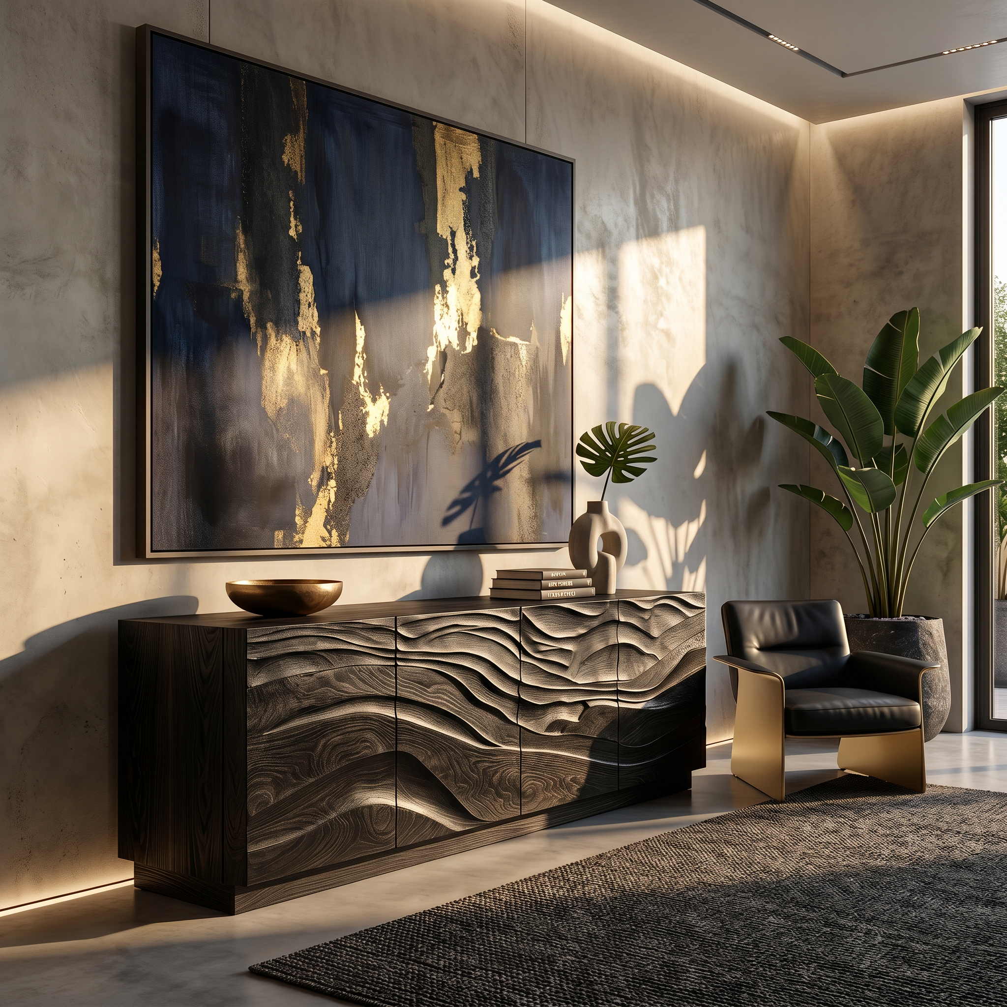 Organic Sideboard With Sculptural Wave Carved Wood Front For Living Room