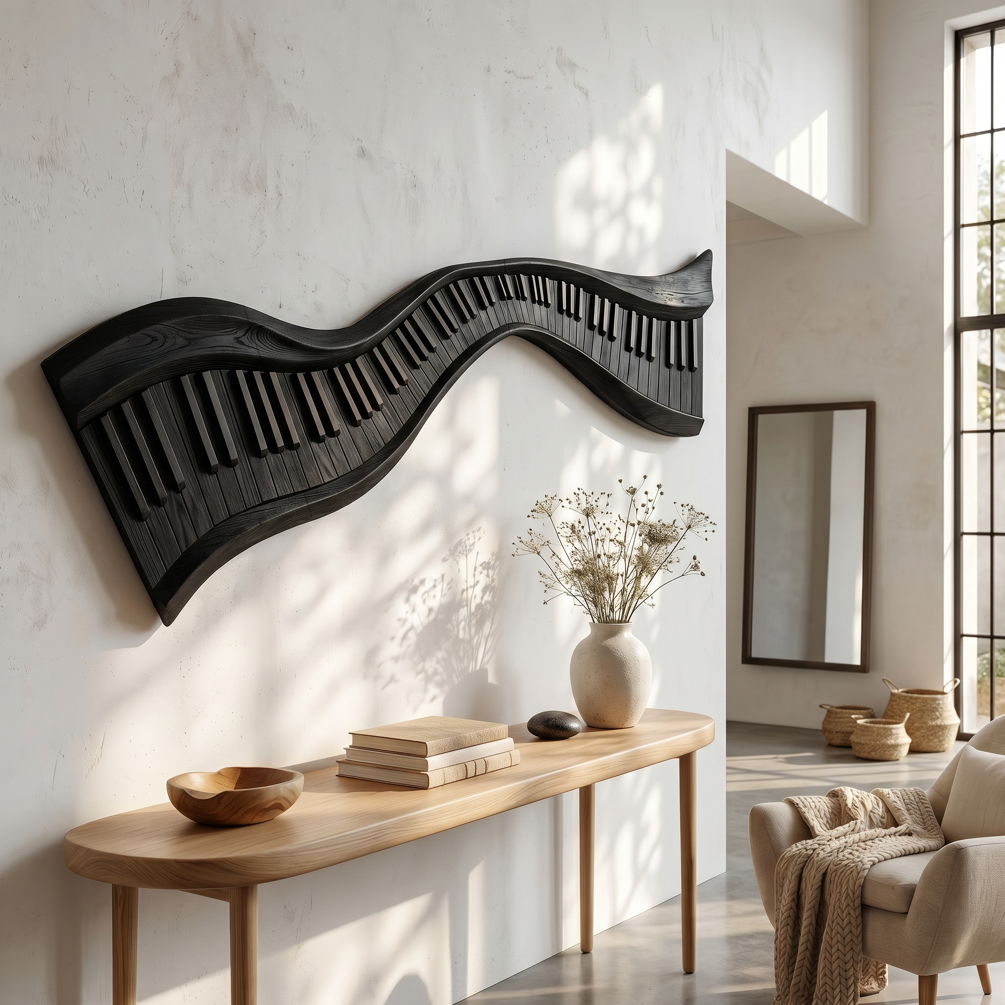 Organic Abstract Keyboard Wave Wooden Wall Sculpture For Living Room
