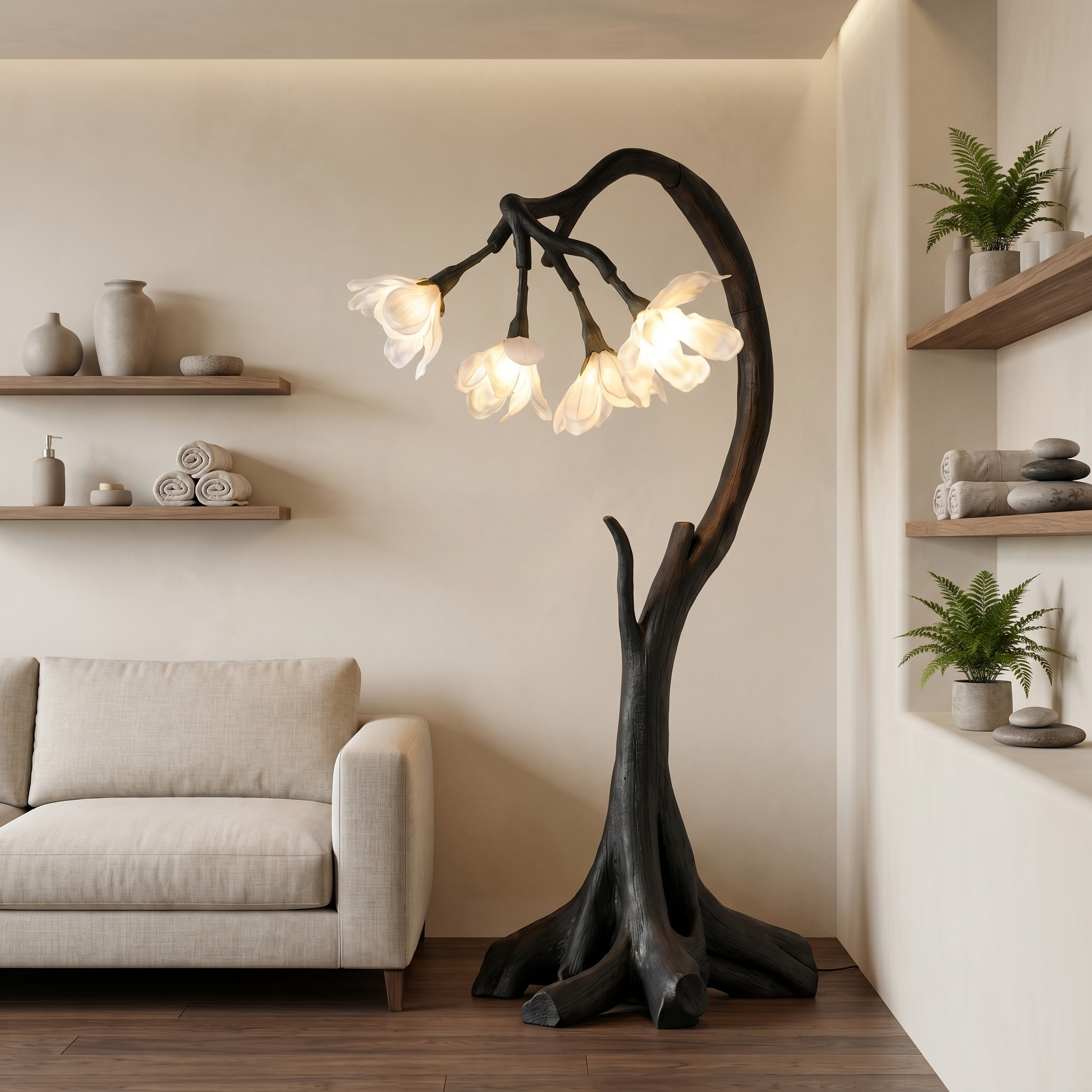 Bloom Floor Lamp With Sculptural Wooden Stand For Living Room And Bedroom