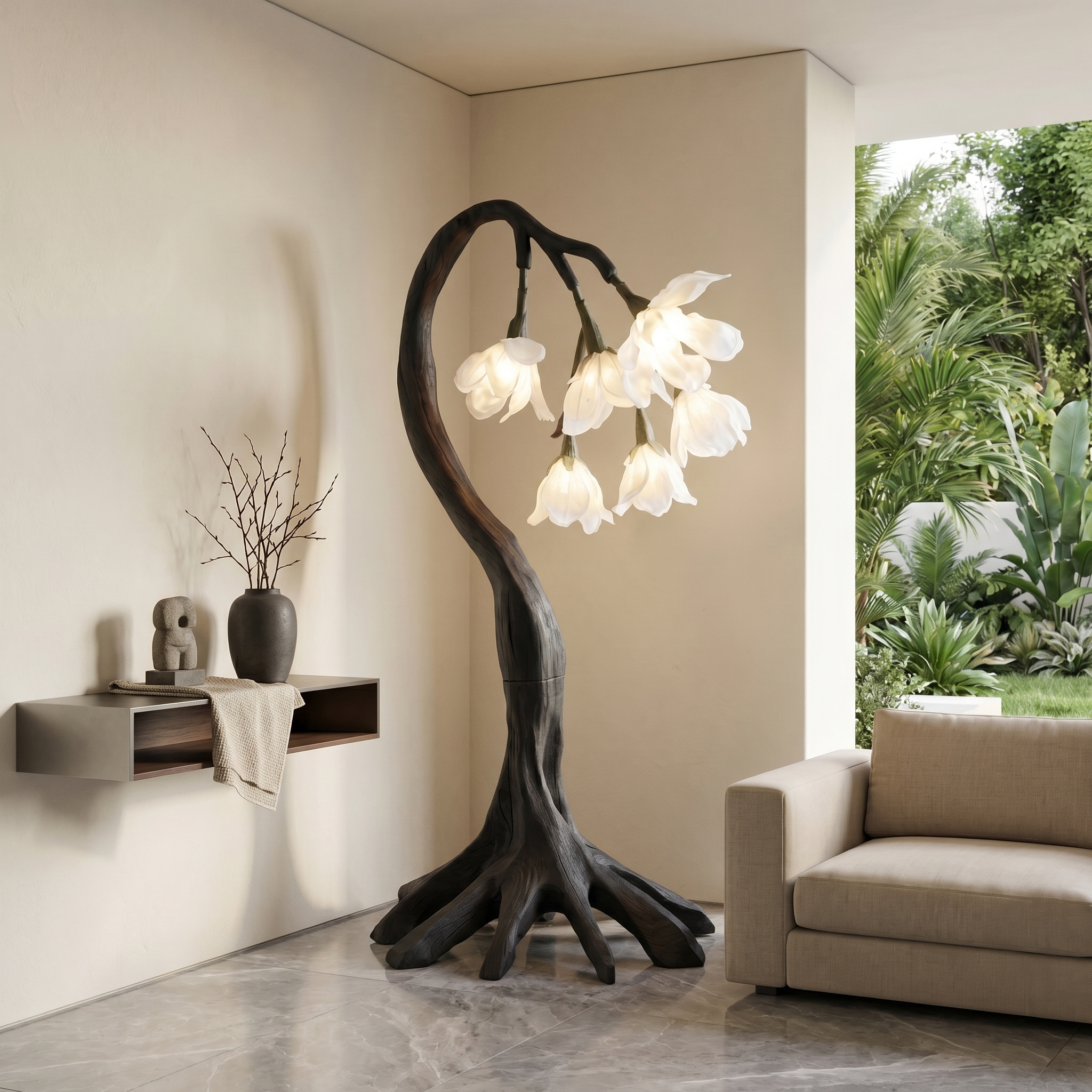 Flower Petal Floor Lamp With Solid Wood Base For Living Room And Bedroom