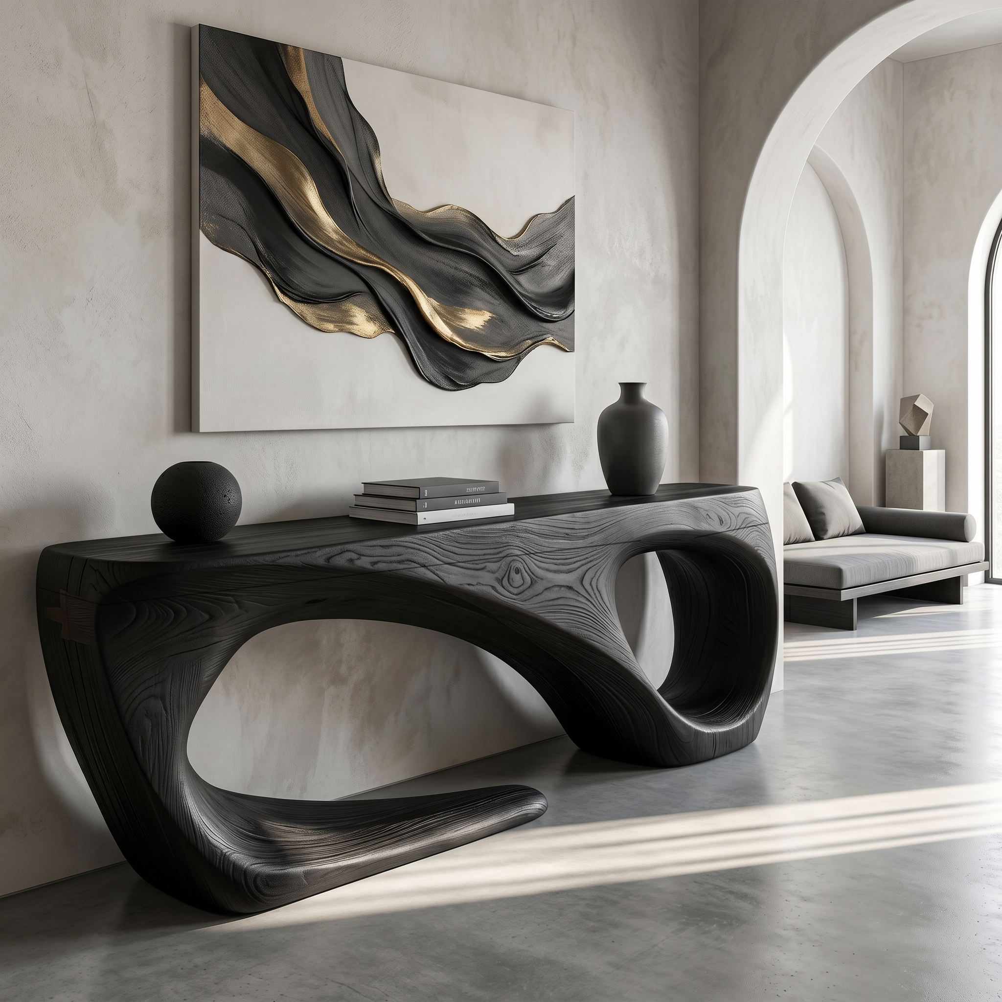 Rustic Console Table With Handcrafted Flowing Design For Living Room