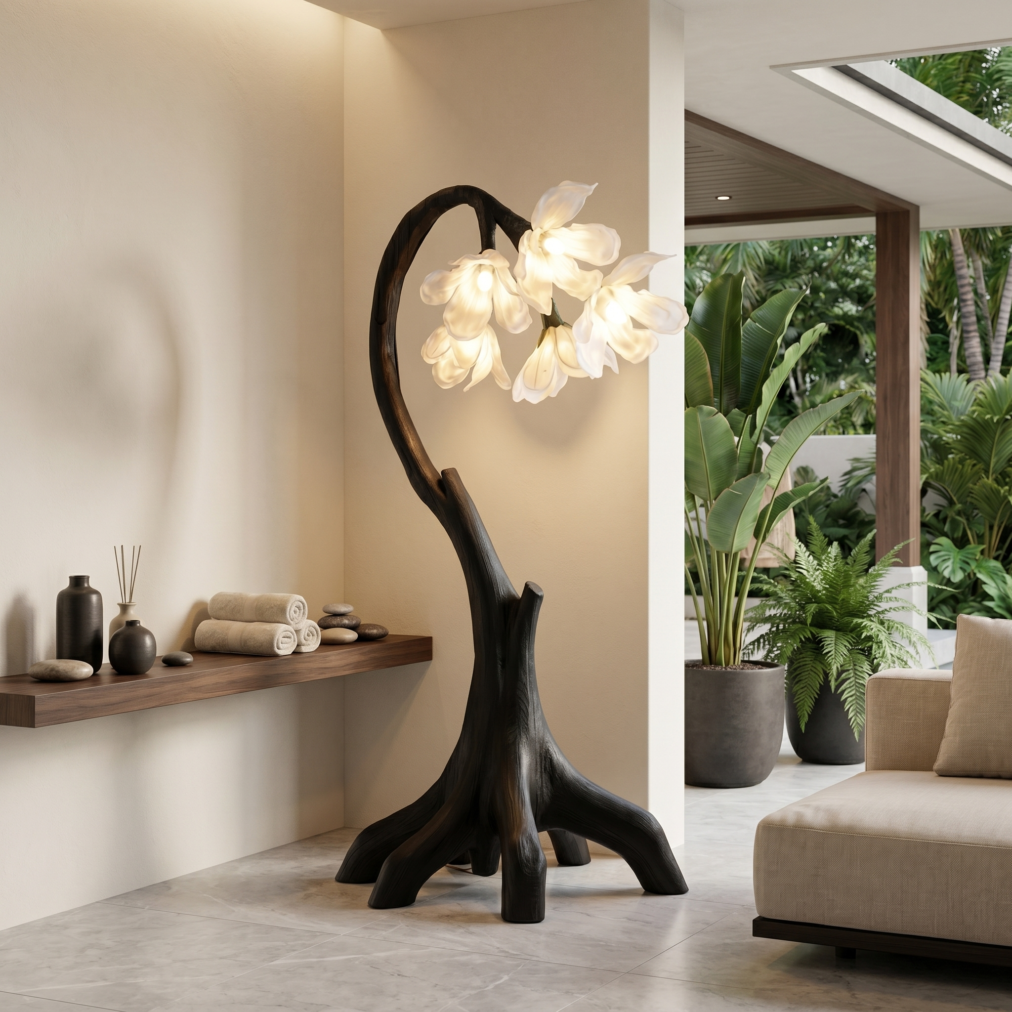 Flower Petal Floor Lamp With Solid Wood Base For Living Room And Bedroom