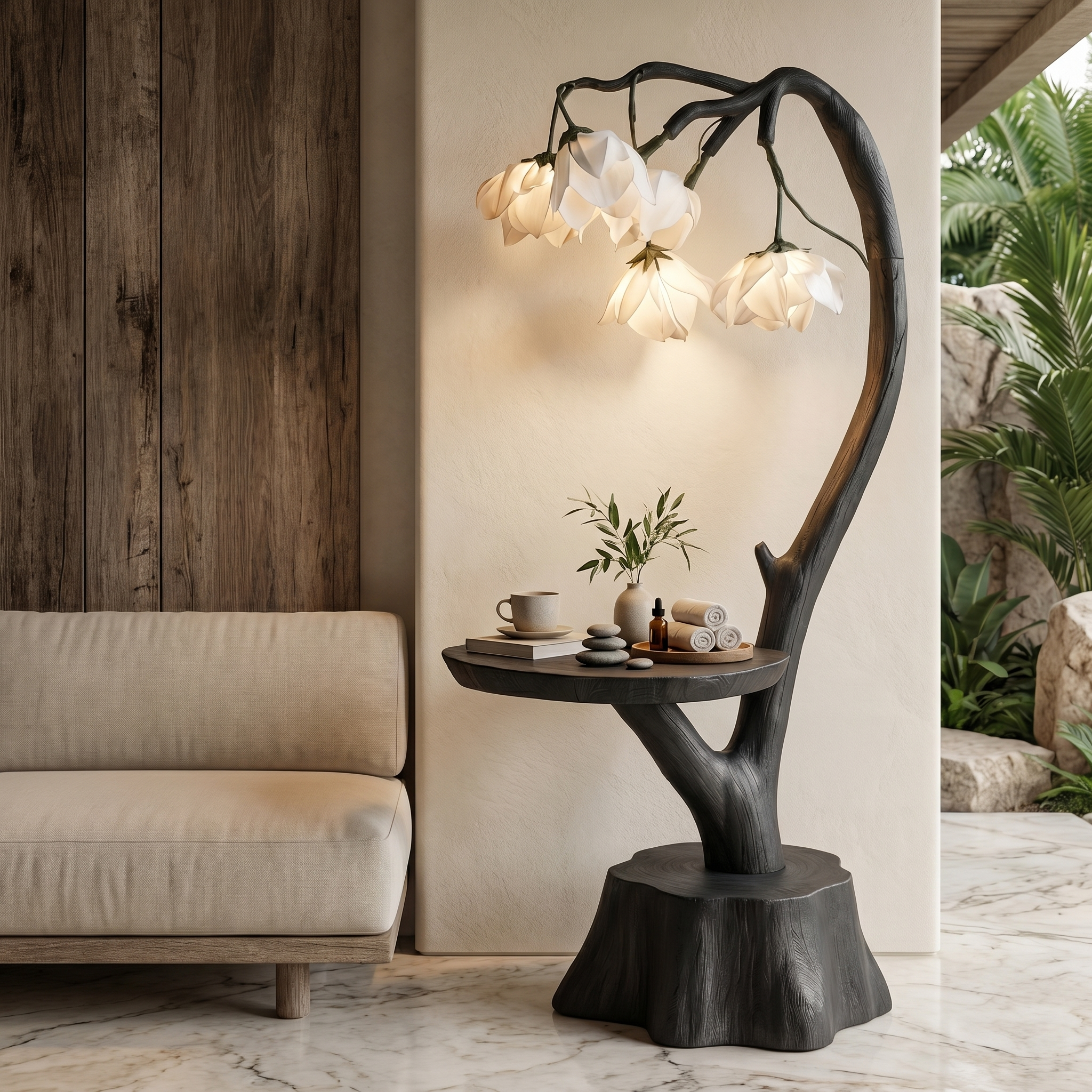Sculptural Flower Floor Lamp With Handmade Wood Base For Living Room And Bedroom