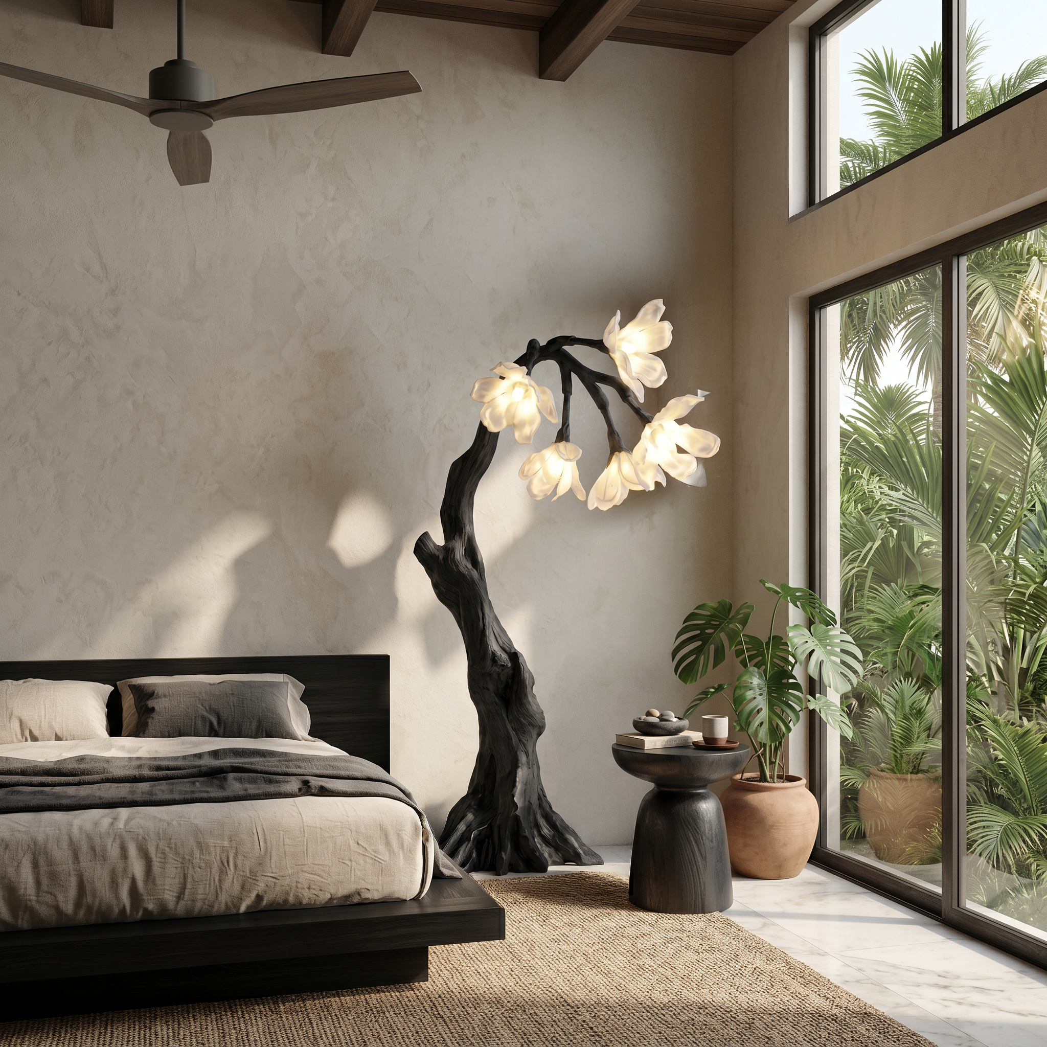 Botanical Standing Lamp With Flower Shade For Living Room And Bedroom