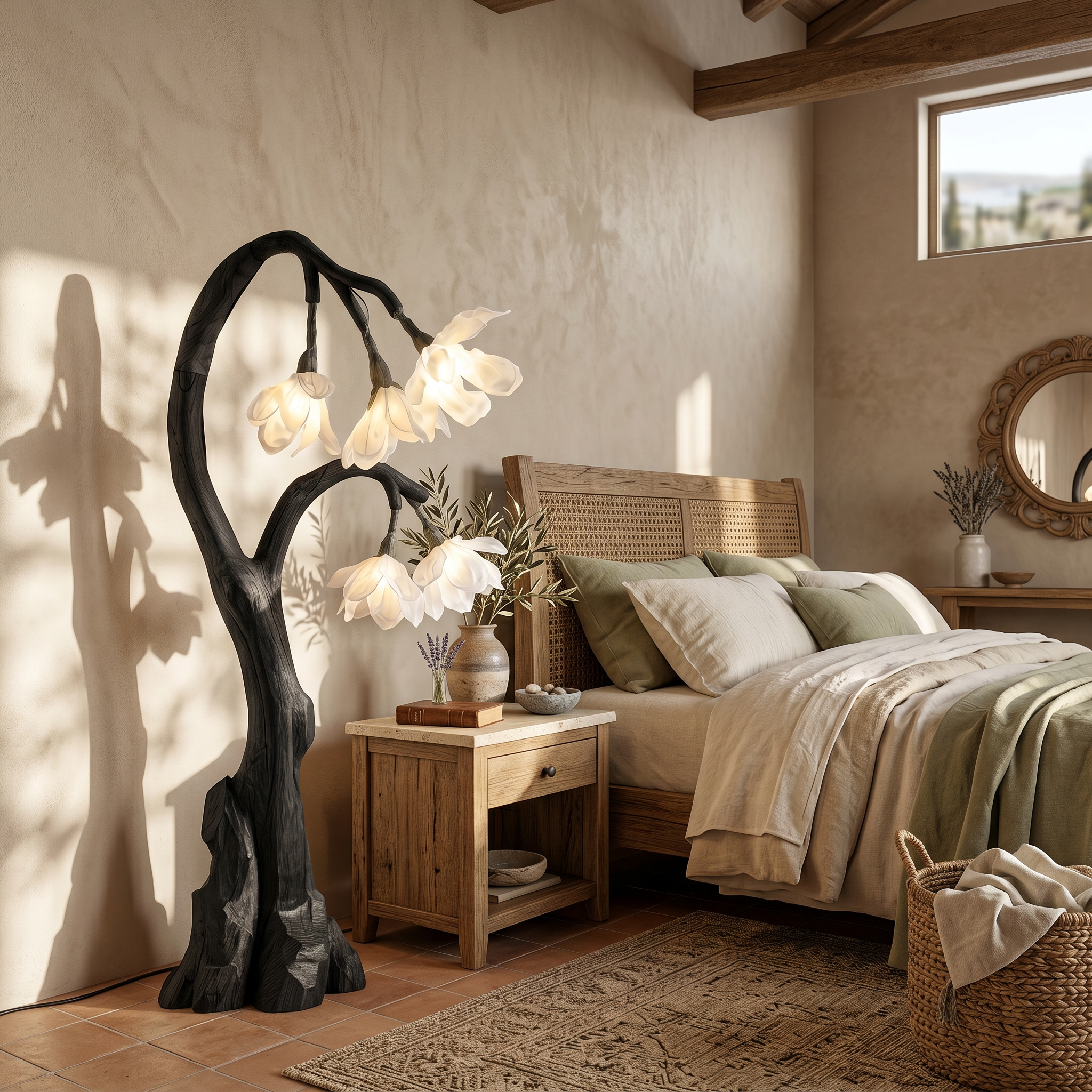 Artistic Floral Floor Lamp With Natural Wood Base For Living Room And Bedroom