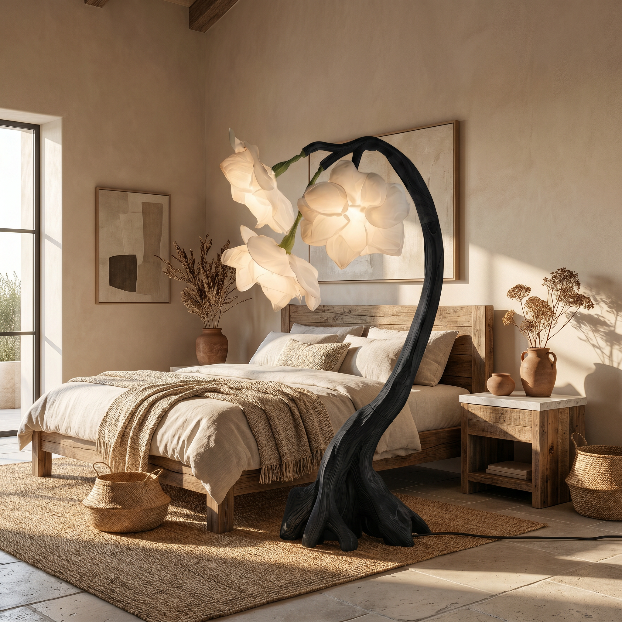 Rustic Botanical Floor Lamp With Flower Petal Shade For Living Room And Bedroom