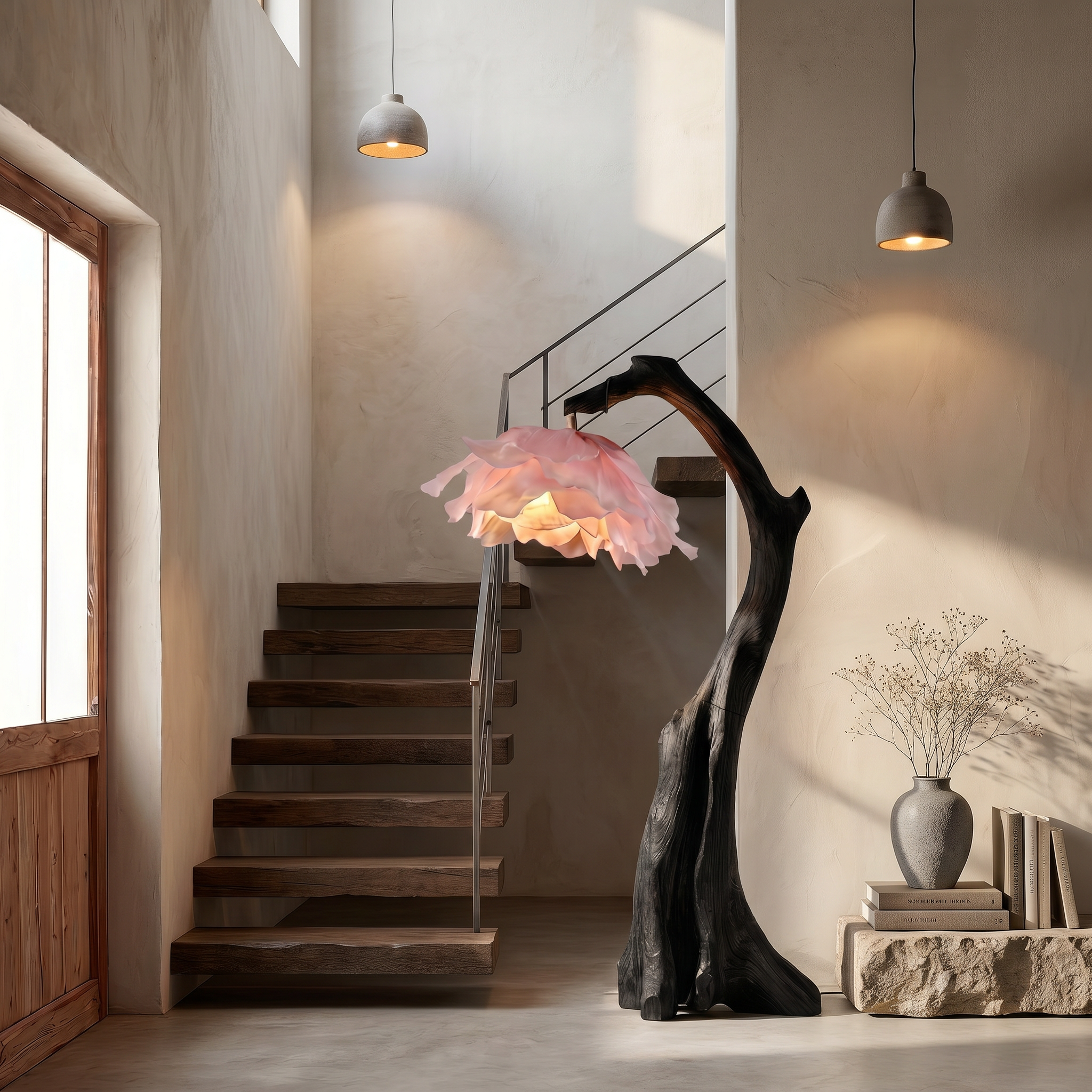 Handmade Flower Floor Lamp With Sculptural Wood Base For Living Room And Bedroom