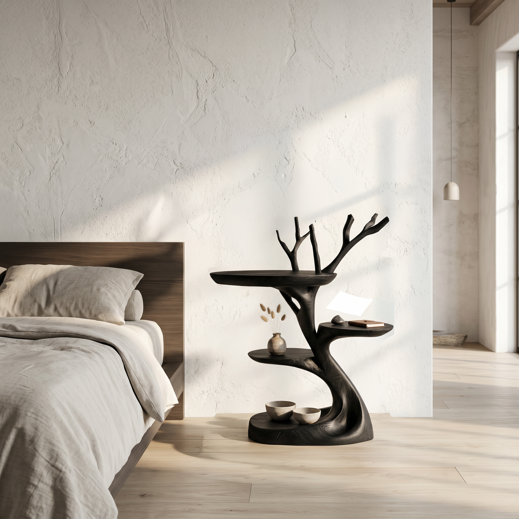 Rustic End Table With Tree Root Design For Bedroom And Living Room