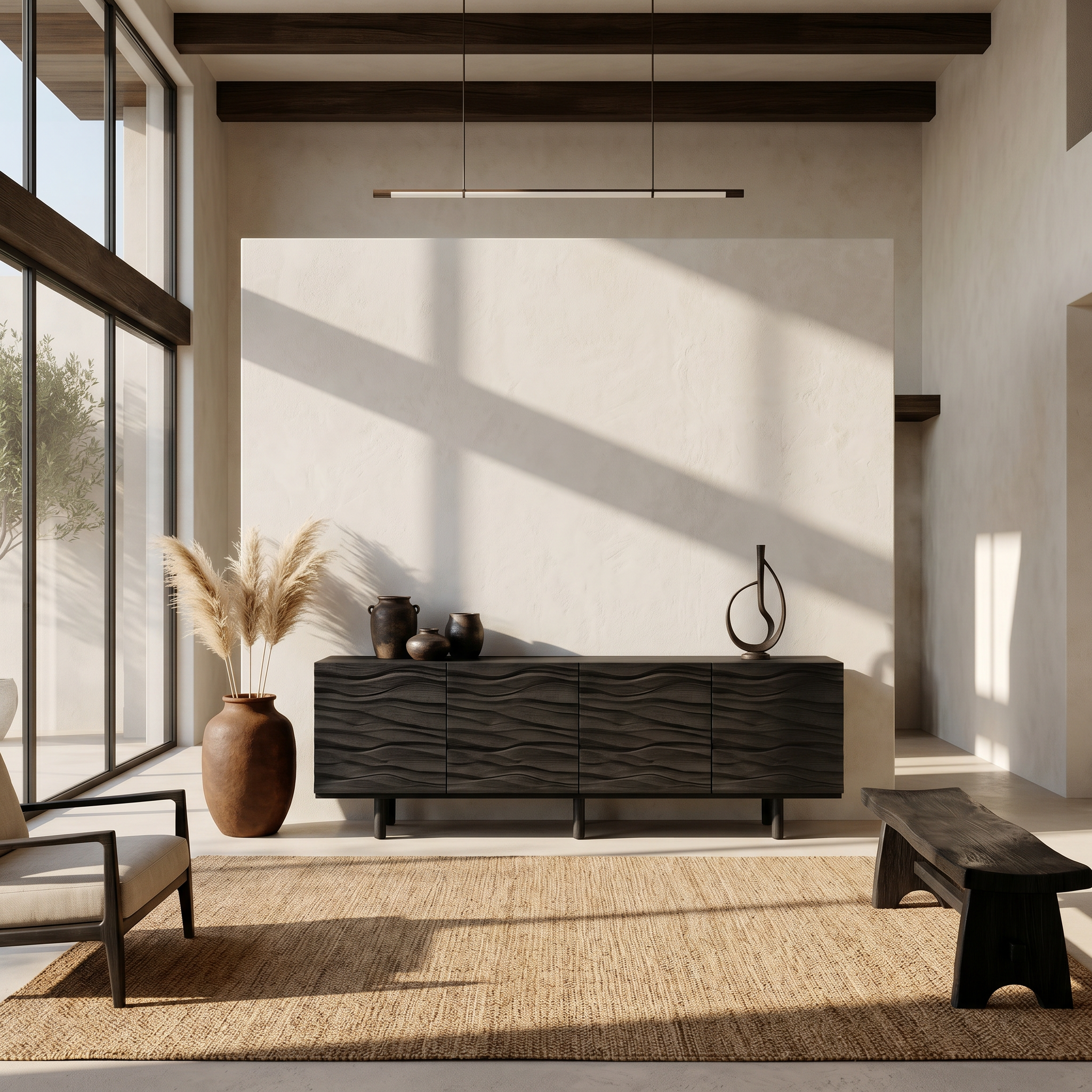 Modern Minimalist Sideboard With Textured Wood Doors For Living Room