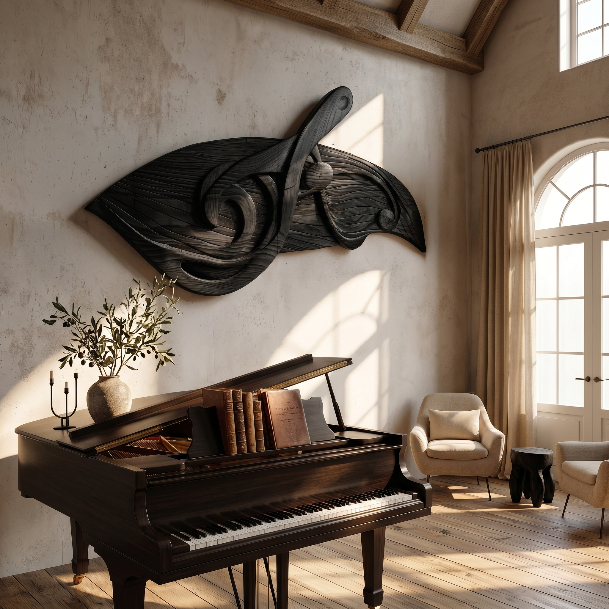 Organic Music Note Wall Art With Guitar Motif For Living Room