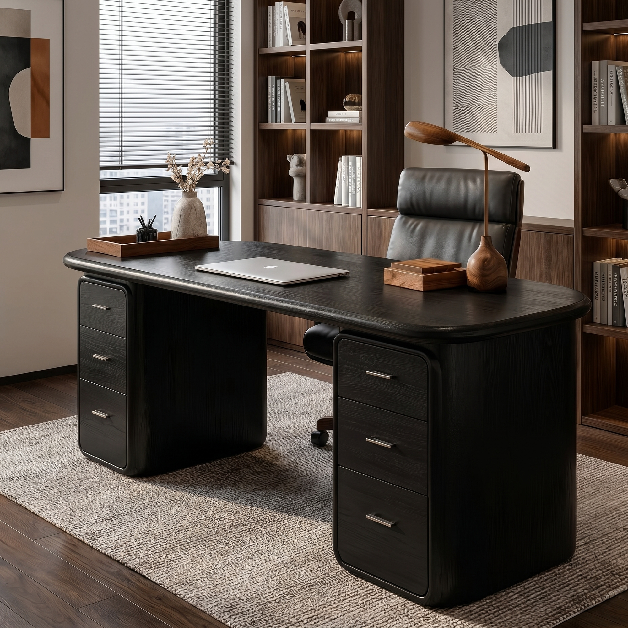 Contemporary Wood Desk With Built In Drawers For Home Office
