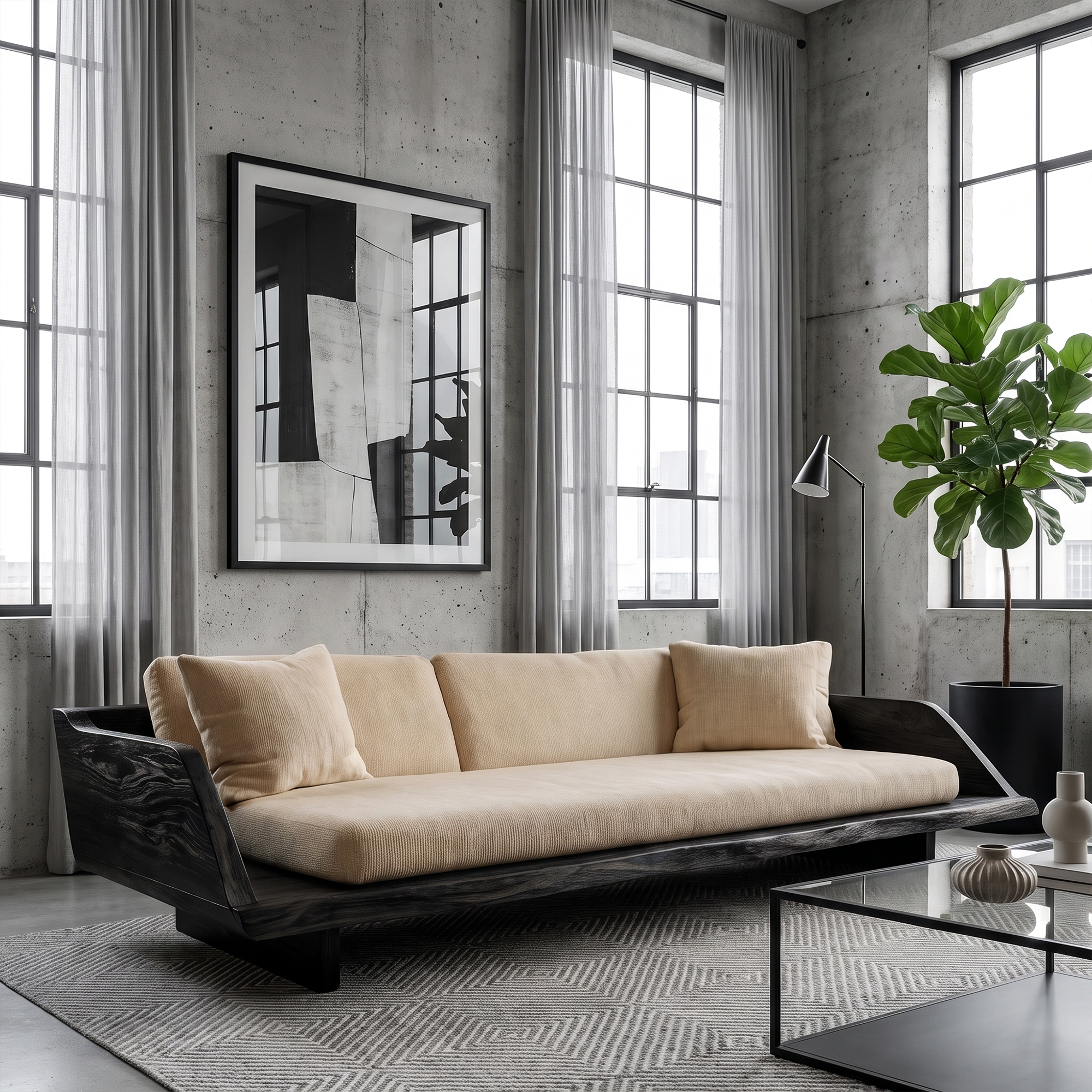 Handcrafted Sofa Frame With Sculptural Wooden Base For Living Room