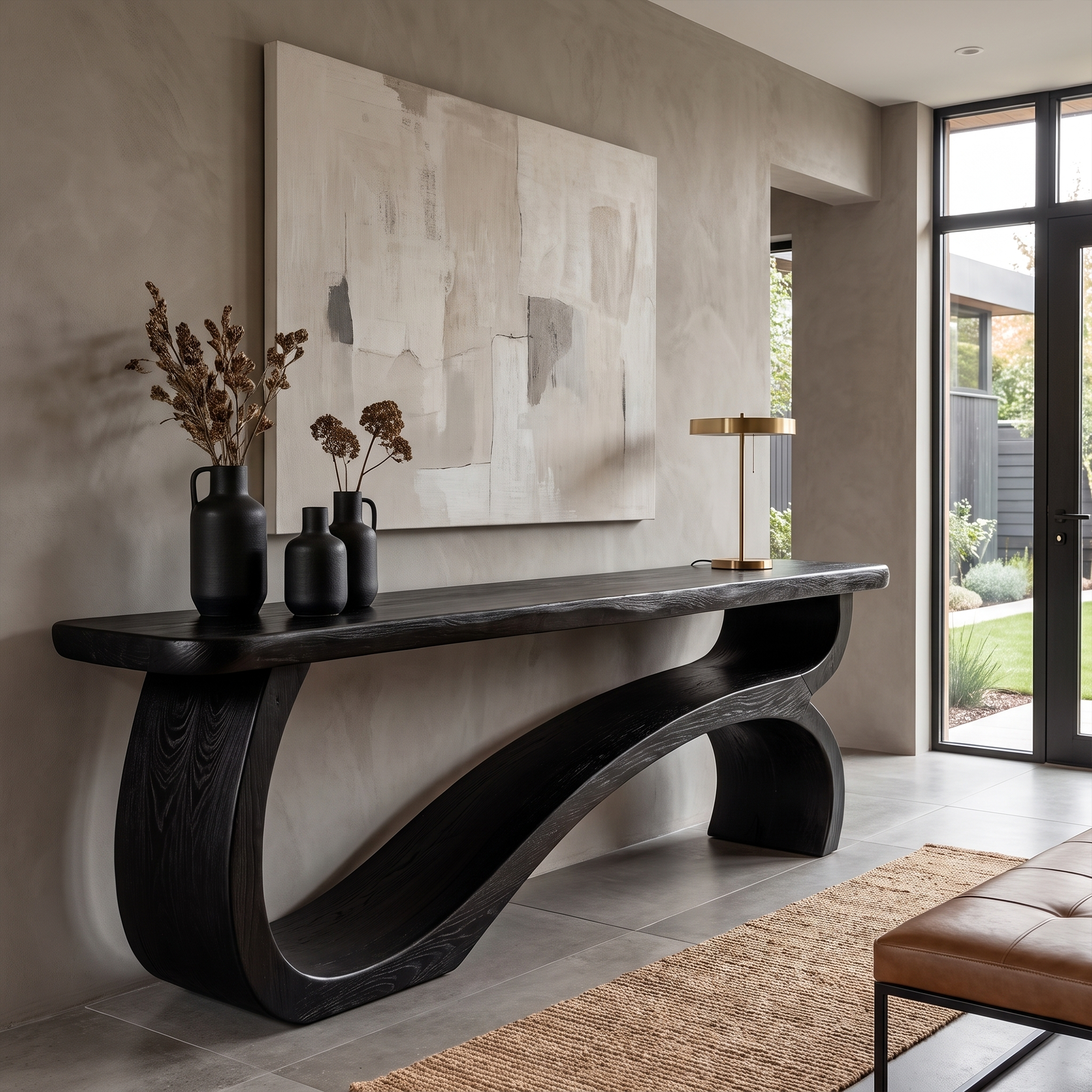 Modern Console Table Table With Sculptural Open Wood Base For Living Room