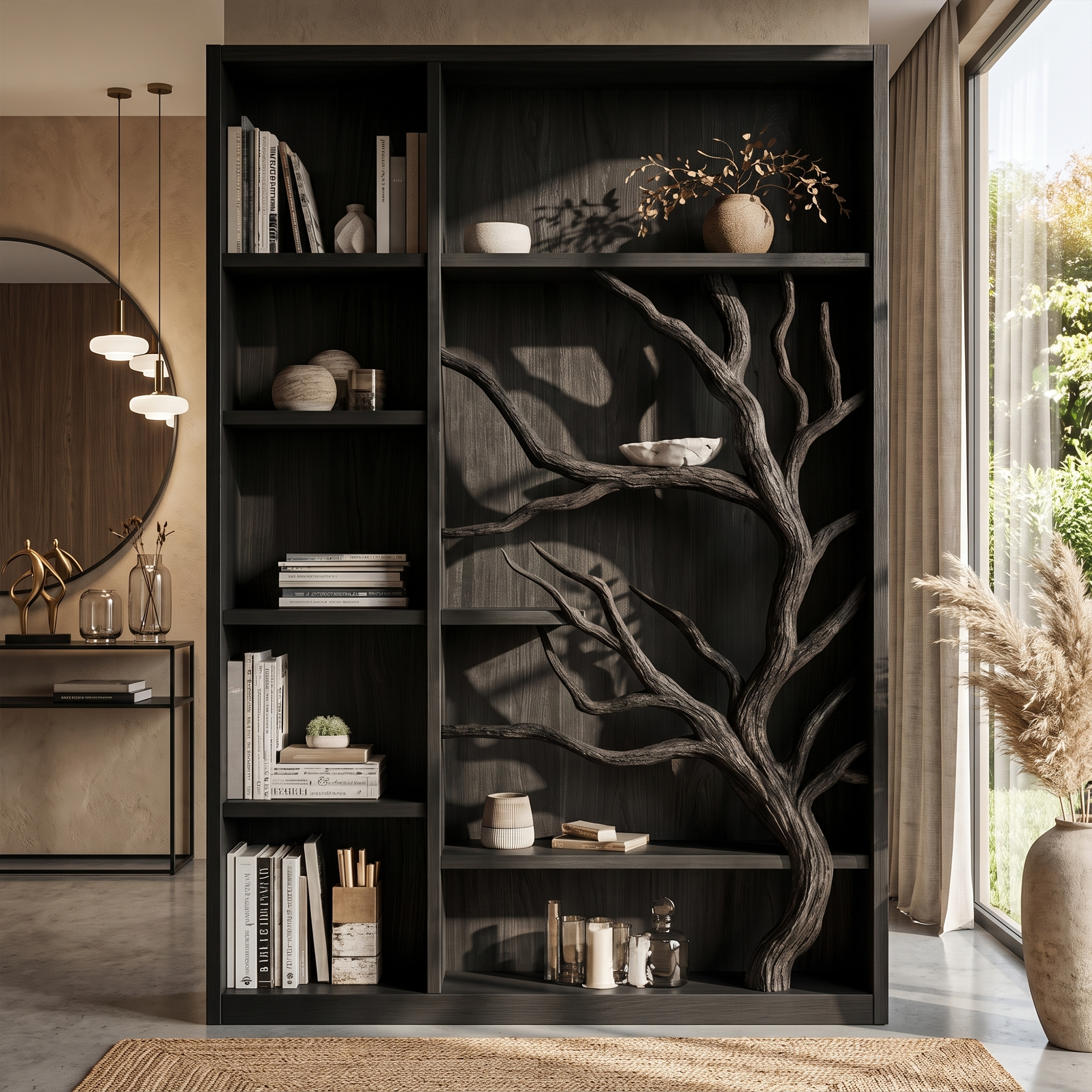 Tree Bookcase Cabinet With Open Display Shelves For Living Room And Study