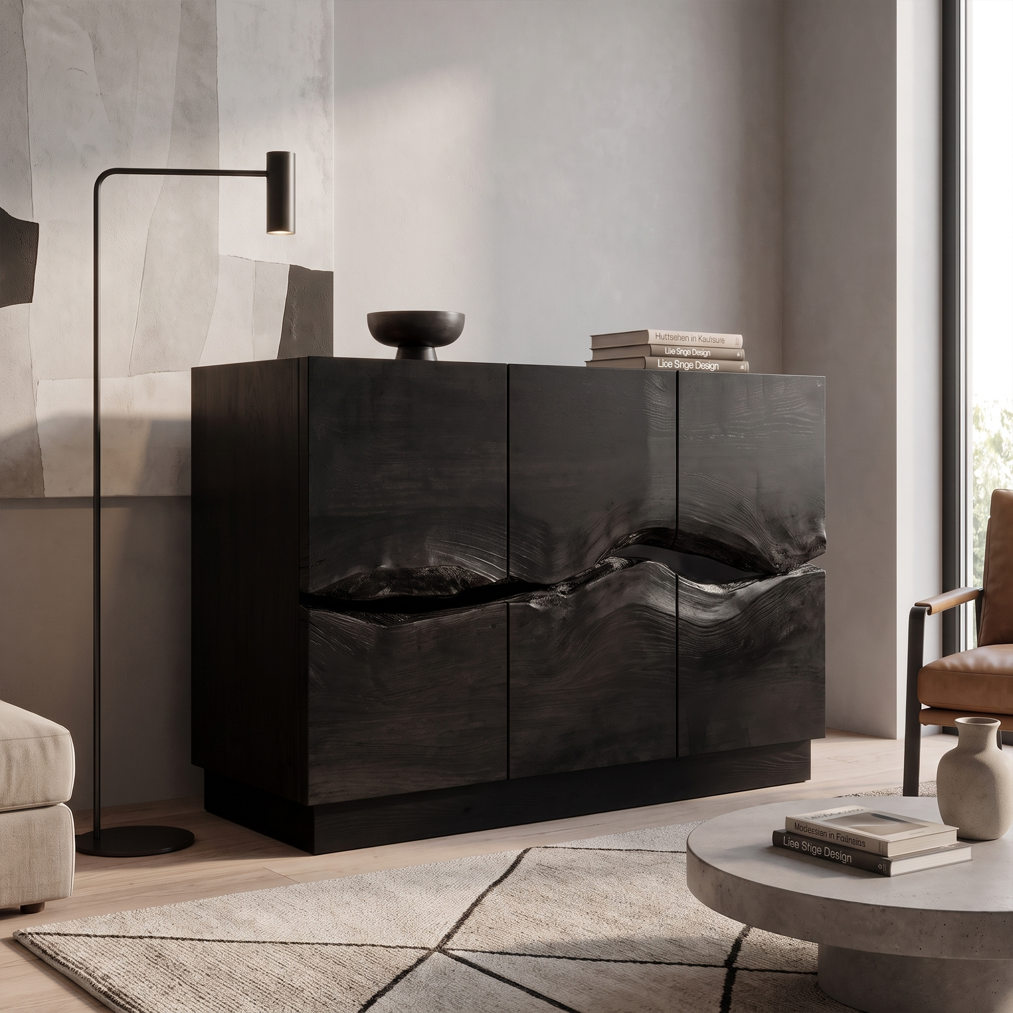 Modern Storage Cabinet With Artistic Carved Wood Doors For Entryway