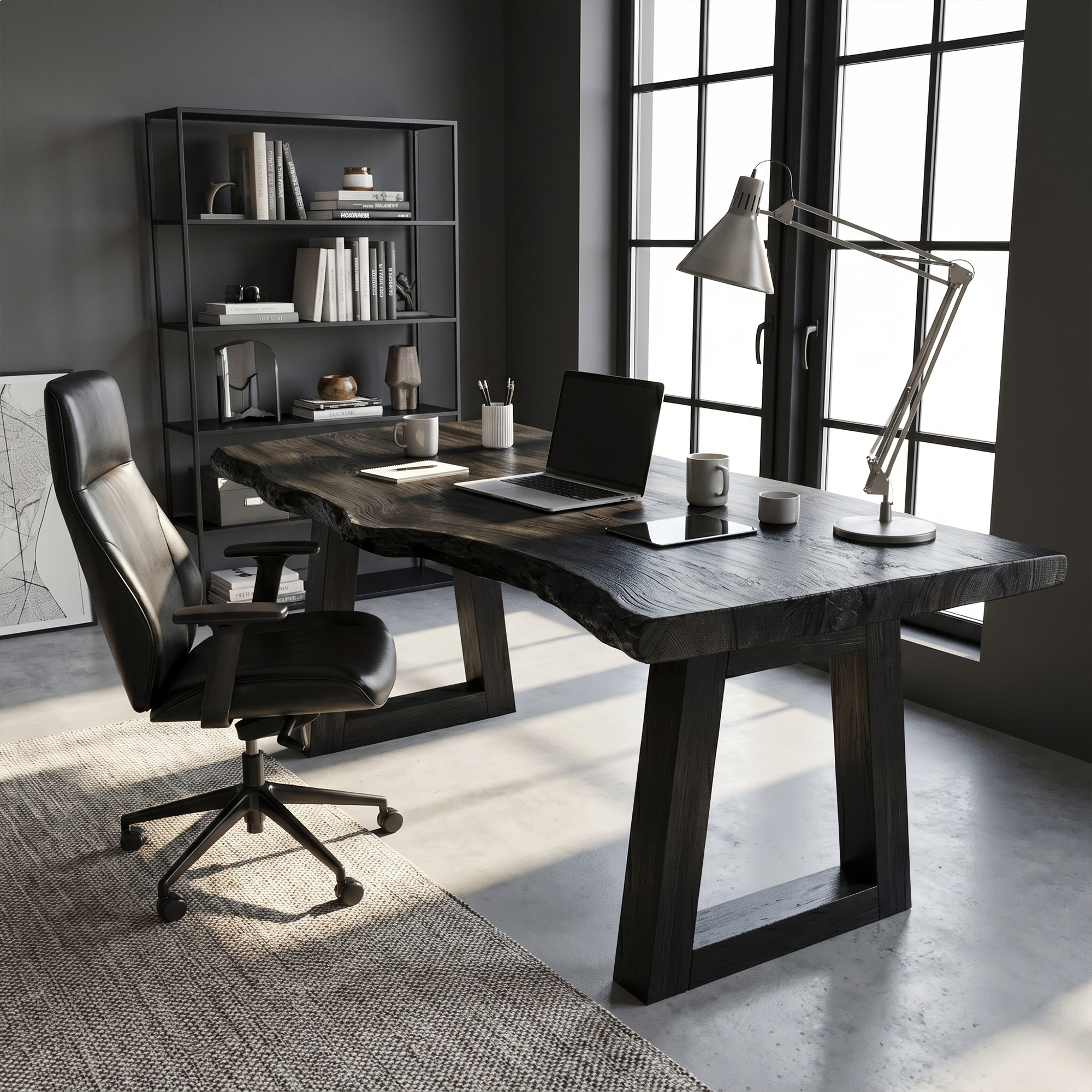 Modern Desk With Live Edge Solid Wood Top And Steel Base For Workspace