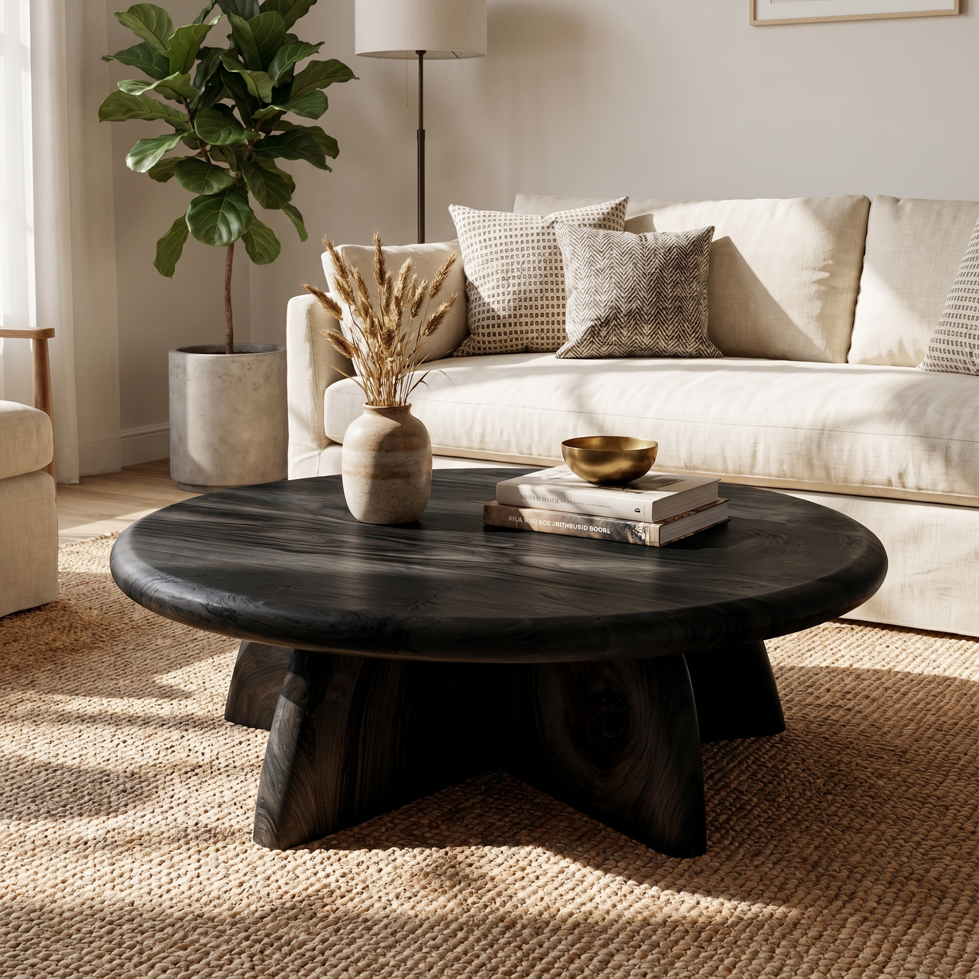Rustic Coffee Table With Solid Wood Stump Base For Living Room