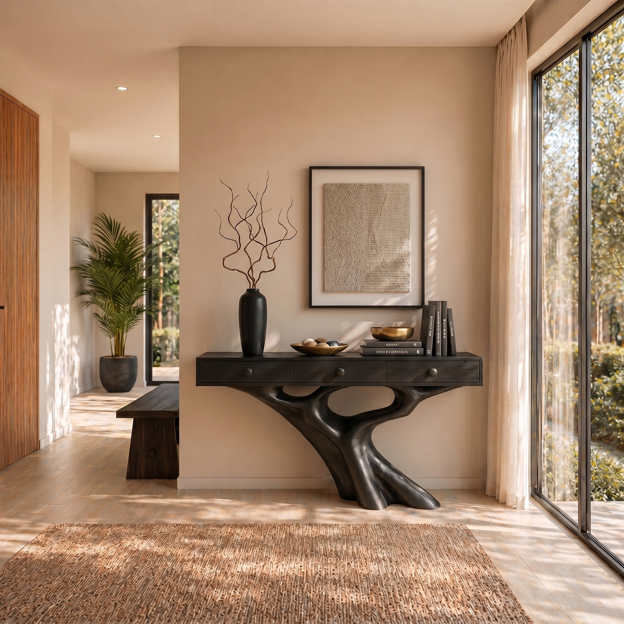 Organic Console Table With Built In Storage Cabinet And Sculptural Curved Wood Base For Entryway And Living Room