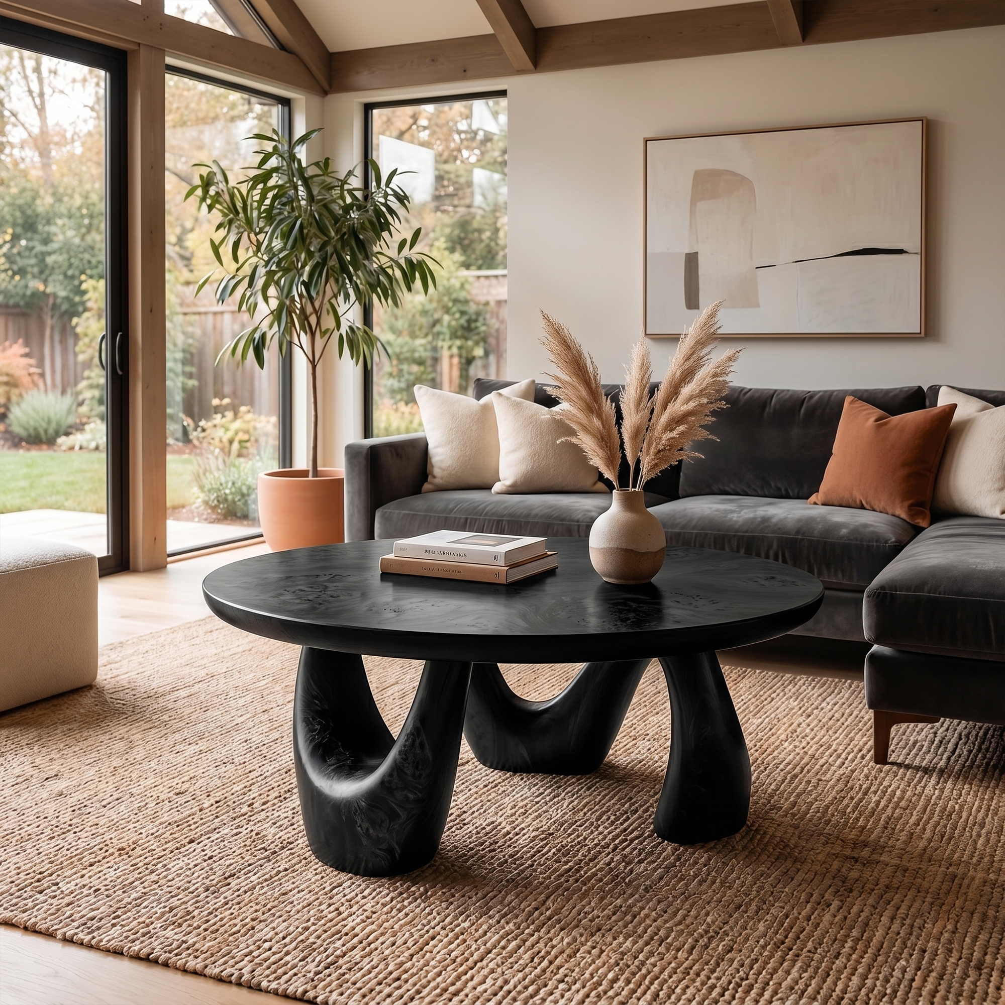 Organic Coffee Table With Freeform Live Edge Top And Sculptural Loop Wood Base For Living Room