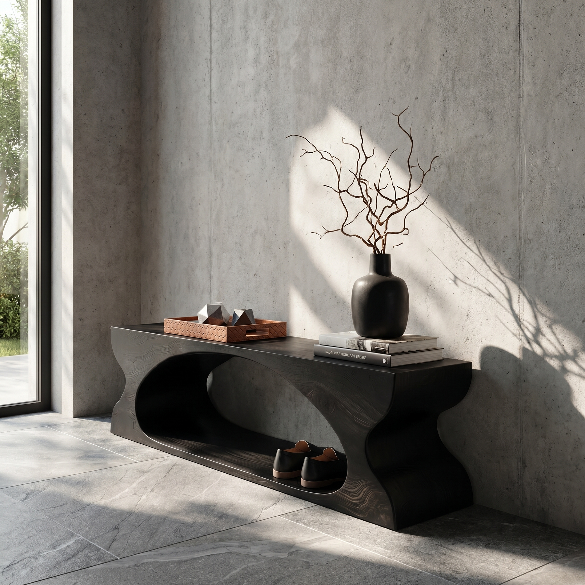 Modern Sculptural Wooden Bench With Organic Design For Entryway And Living Room